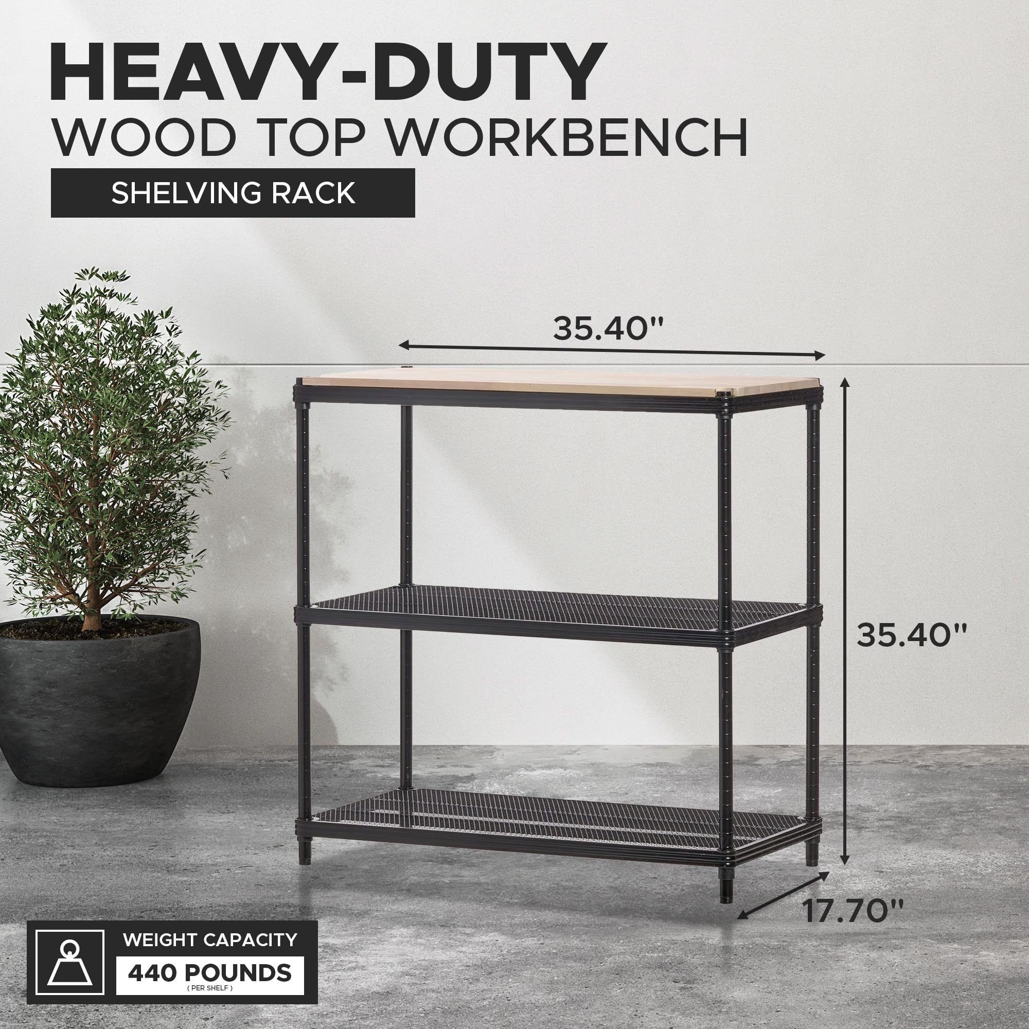 Metal Mesh Shelf Unit with Wood Top - Black Design Ideas MeshWorks Shelving Rack for Workbench & Home Organization | Garage Storage, Workshop Display, Kitchen Pantry Organizer