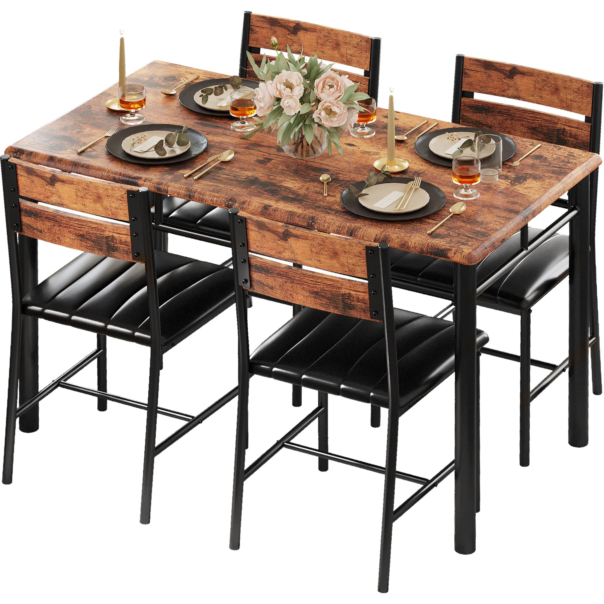 IRONCK 4-Piece Wooden Dining Table Set with Upholstered Chairs - Compact Kitchen & Dining Room Table for Small Spaces in Rustic Brown | Perfect for Apartments, Breakfast Nooks & Cozy Family Meals