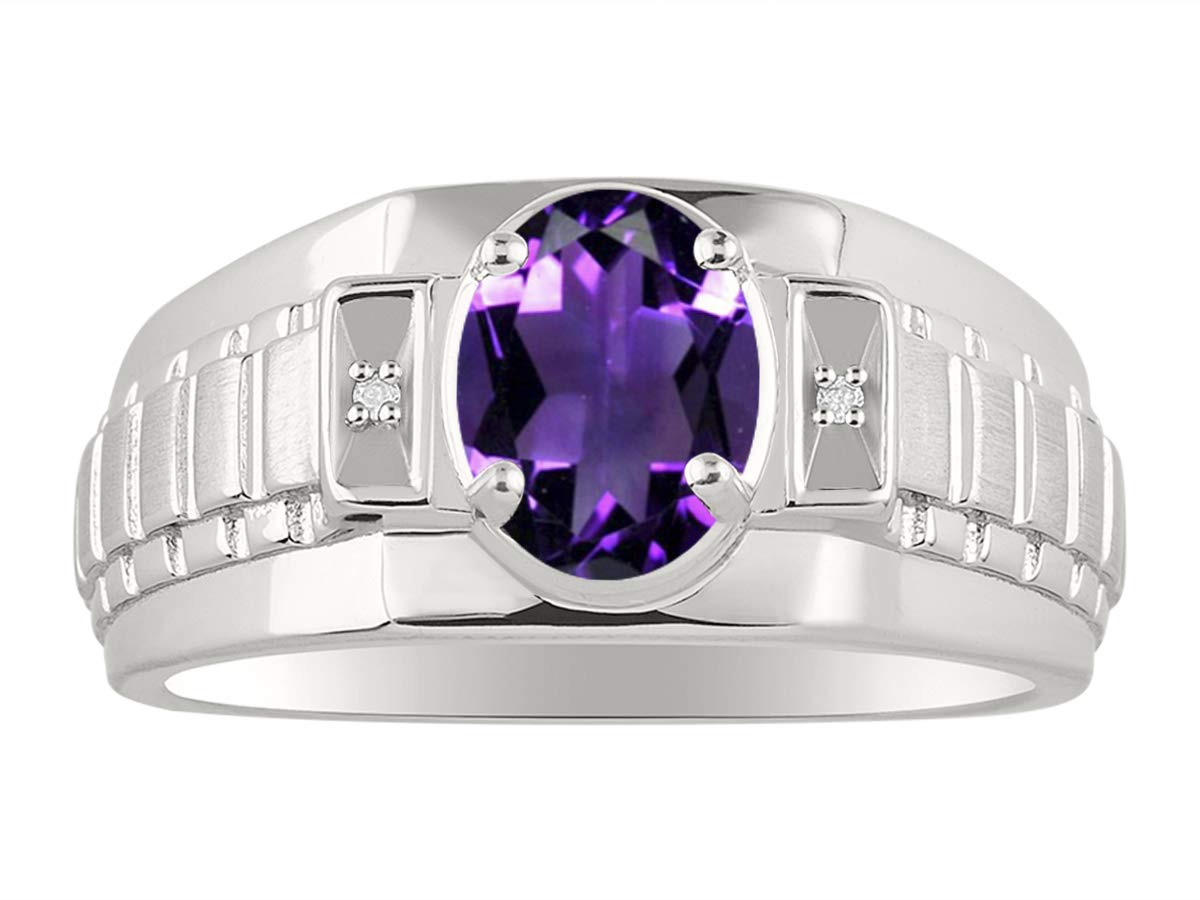 14K White Gold Men's Rings with Oval Gemstone & Diamond - Classic Designer Birthstone Rings for Men (Sizes 8-13) | Perfect for Weddings, Anniversaries & Special Occasions
