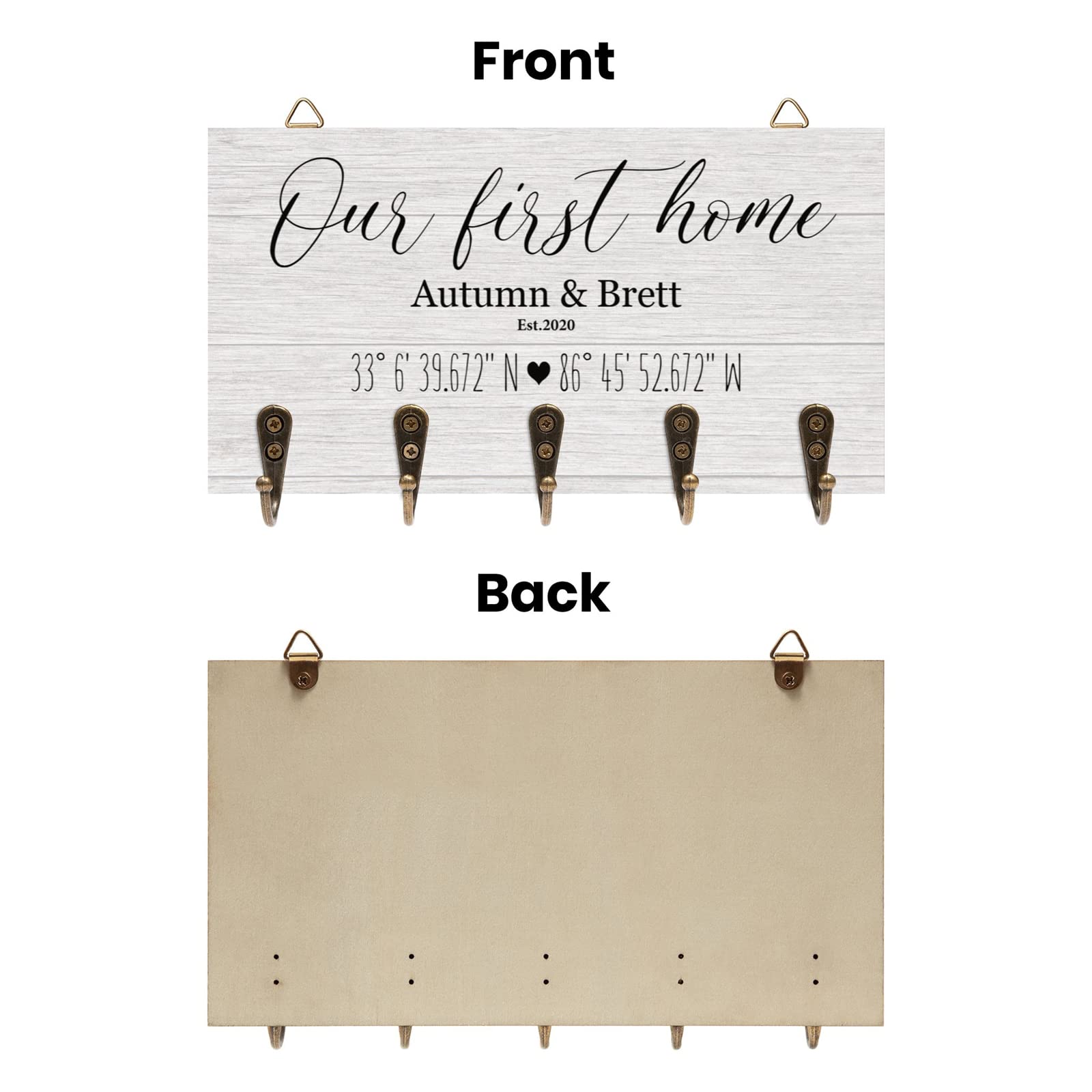 Personalized Key Holder for Wall - Custom Key Hanger with Coordinates, Names & Established Date - Unique Housewarming Gift for Couples - Perfect for New Homeowners & First Home Decor