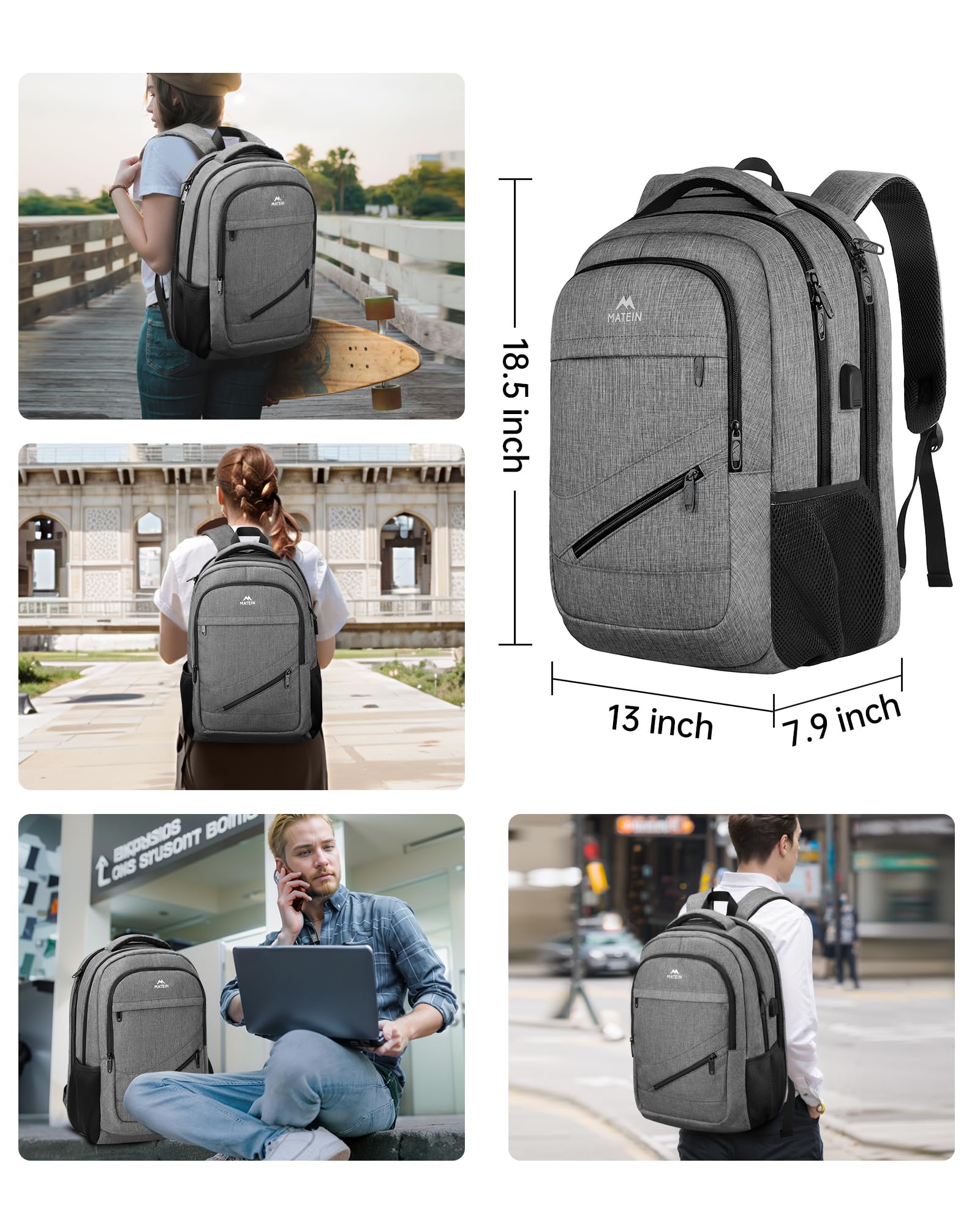 Matein 17 Inch Travel Laptop Backpack - TSA Approved Business Carry On Backpack with USB Charging Port & Trolley Sleeve, Durable College School Book Bag for Men & Women (Grey) - Perfect for Air Travel, Commuting & Campus Life