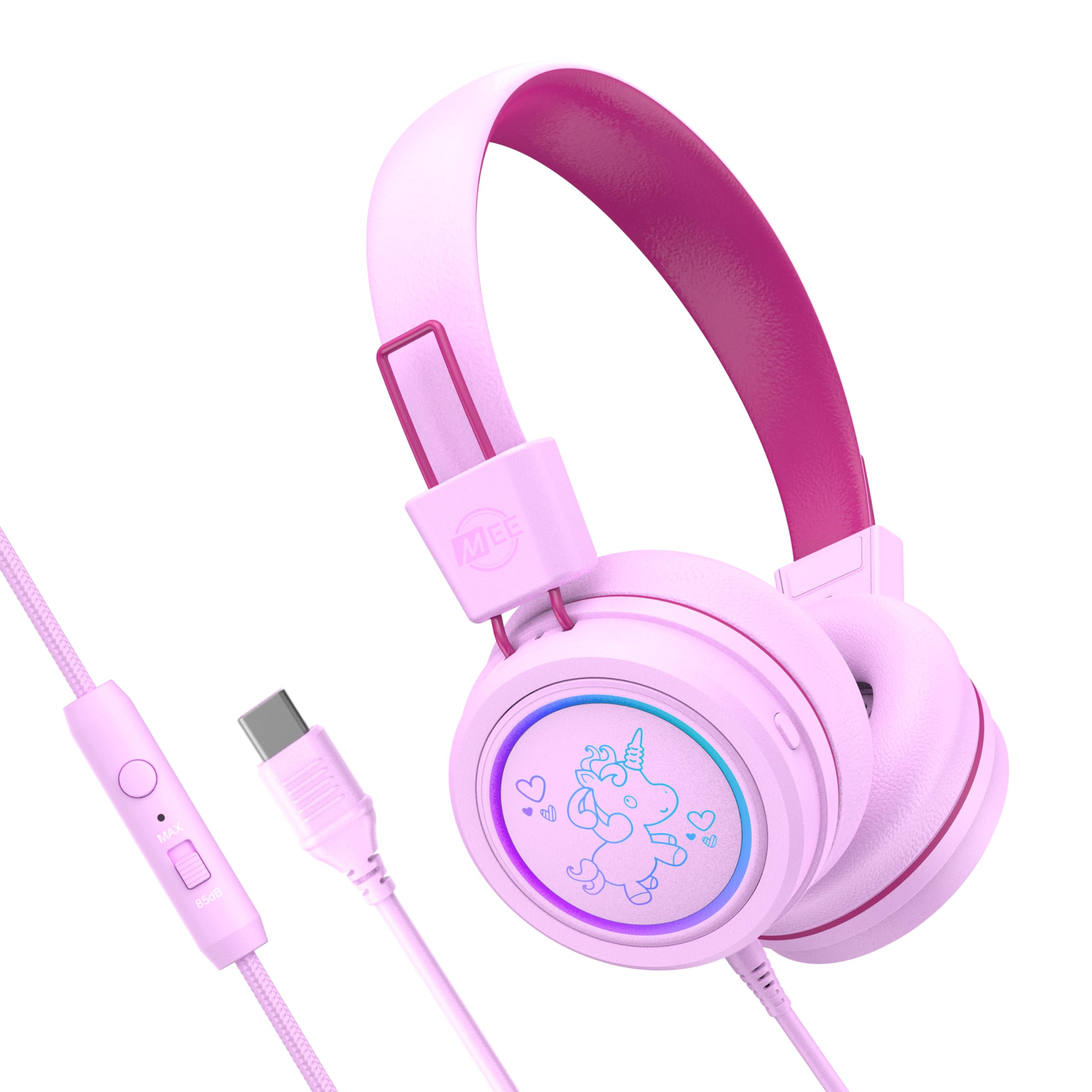 MEE audio KidJamz KJ55 Safe Listening USB-C Headphones for Kids - Volume Limited, LED Lights, Built-in Mic - Wired On-Ear Headset for iPhone 16, iPad, USB-C Devices (Pink) | Perfect for School, Online Learning & Travel