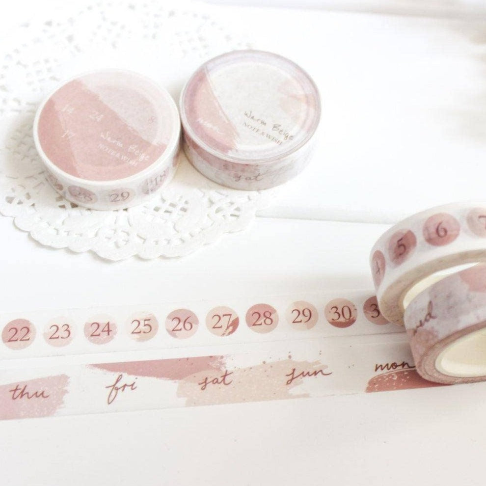 Beige Days & Numbers Washi Tape - Decorative Japanese Paper Tape for Scrapbooking, Journaling, Bullet Planner & DIY Crafts - Perfect for Calendars, Organizers & Creative Projects