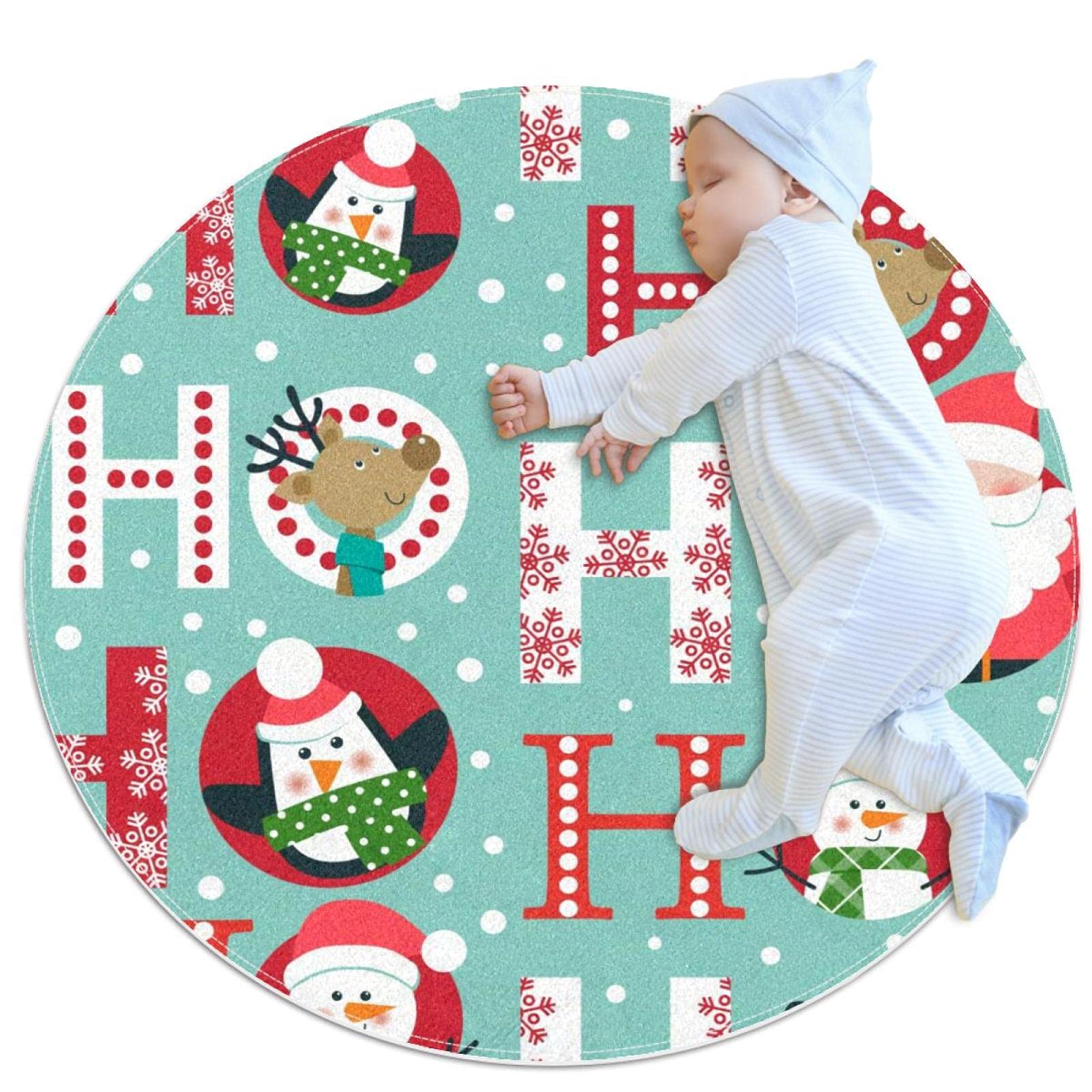 Christmas Santa Deer Penguin Snowman Round Area Rug - Non-Slip Indoor Doormat, Entryway Runner, Living Room Bedroom Floor Carpet - 2.3 Feet Cozy Holiday Decor for Home & Yoga Mat Alternative