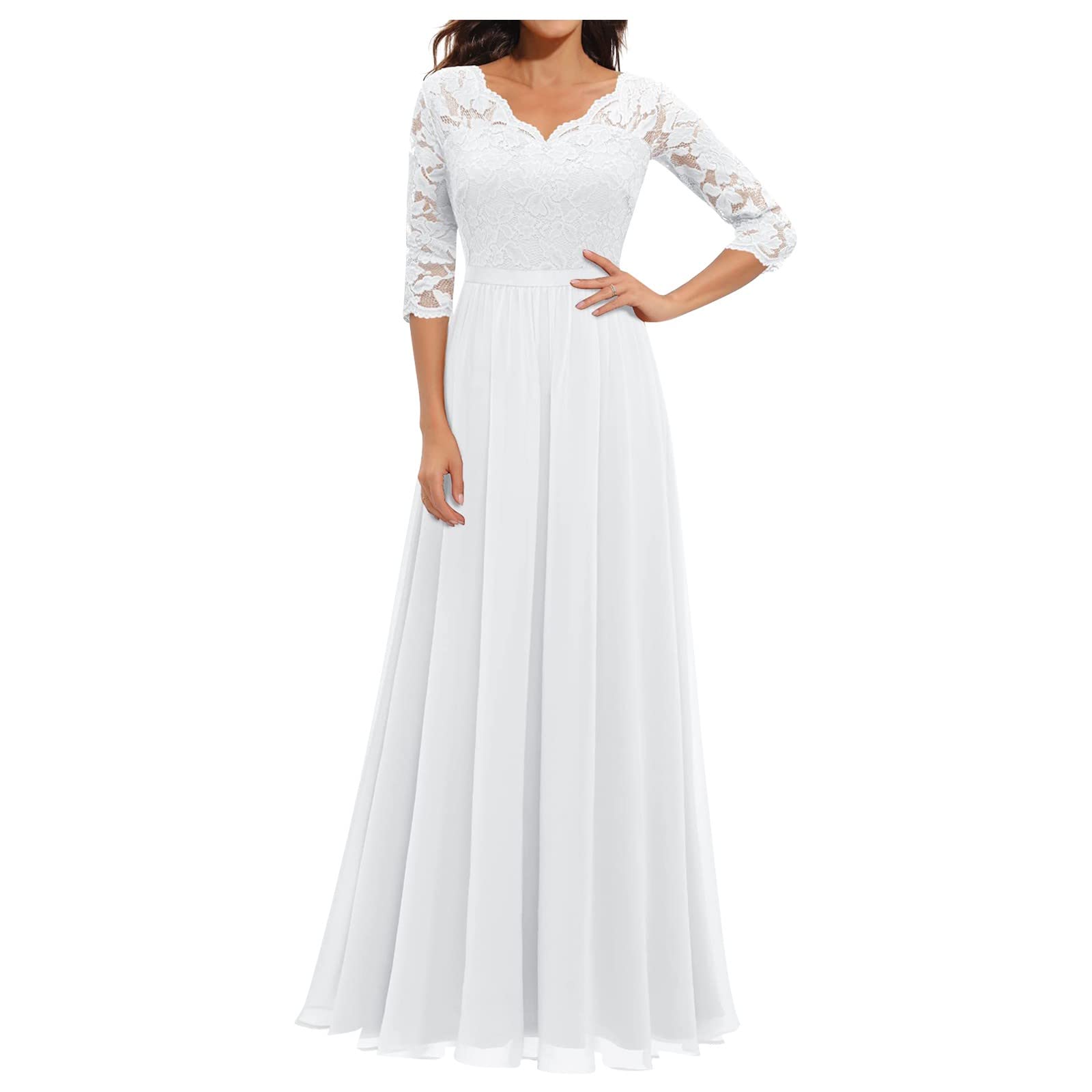 Elegant Women's Formal Lace Wedding Guest Dress - High Waist Solid Color Long Dress for Special Occasions, Evening Parties & Bridal Events