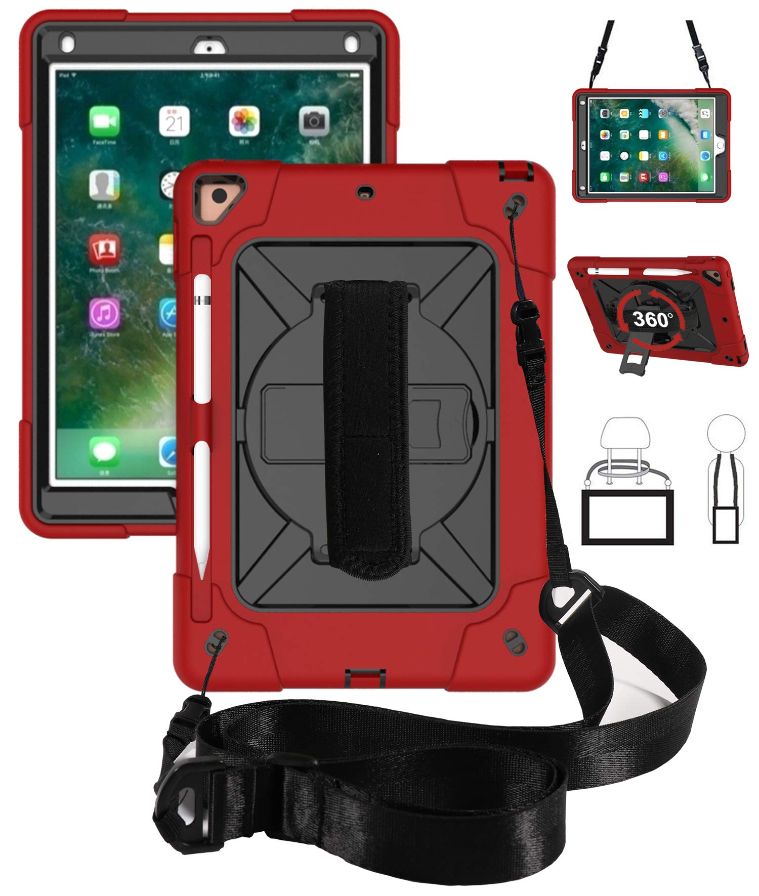 360° Rotating Shockproof iPad Case with Handle Stand & Pencil Holder - Compatible with iPad Air 2, iPad Pro 9.7 (2016), iPad 6th/5th Gen & New iPad 9.7 (2017/2018) - Red & Black - Perfect for Work, Travel & School Use