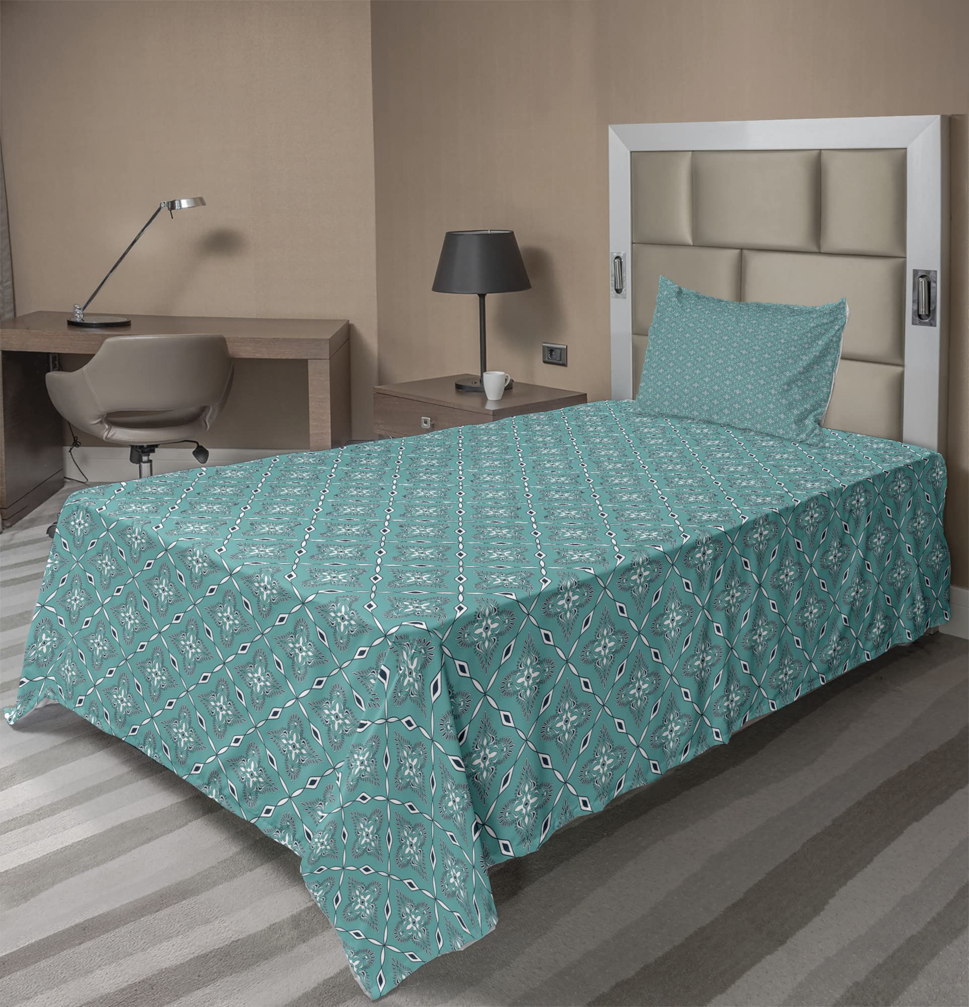 Ambesonne Turquoise Sheet Set - Moroccan Geometric Rectangular Frames with Floral Design, 3-Piece Bedding Set (Fitted Sheet, Flat Sheet & Pillowcase) for Twin Size Bed - Dark Blue & Turquoise - Perfect for Boho Bedroom Decor, Guest Room or Vacation Home