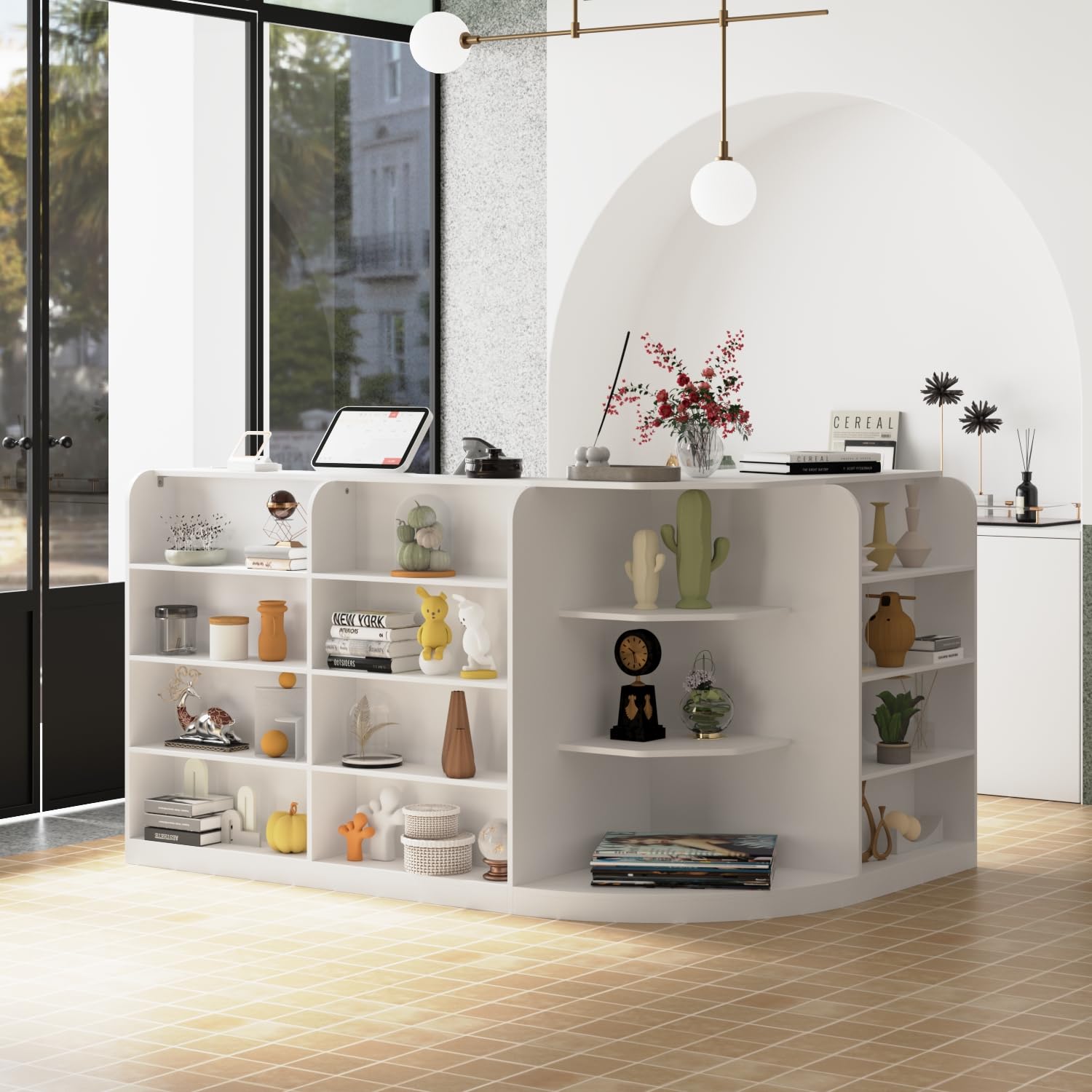 L-Shaped Reception Desk with 3 Drawers & Display Shelves - White Retail Checkout Counter for Shops, Salons & Offices - Perfect for Customer Service, POS Transactions & Waiting Areas