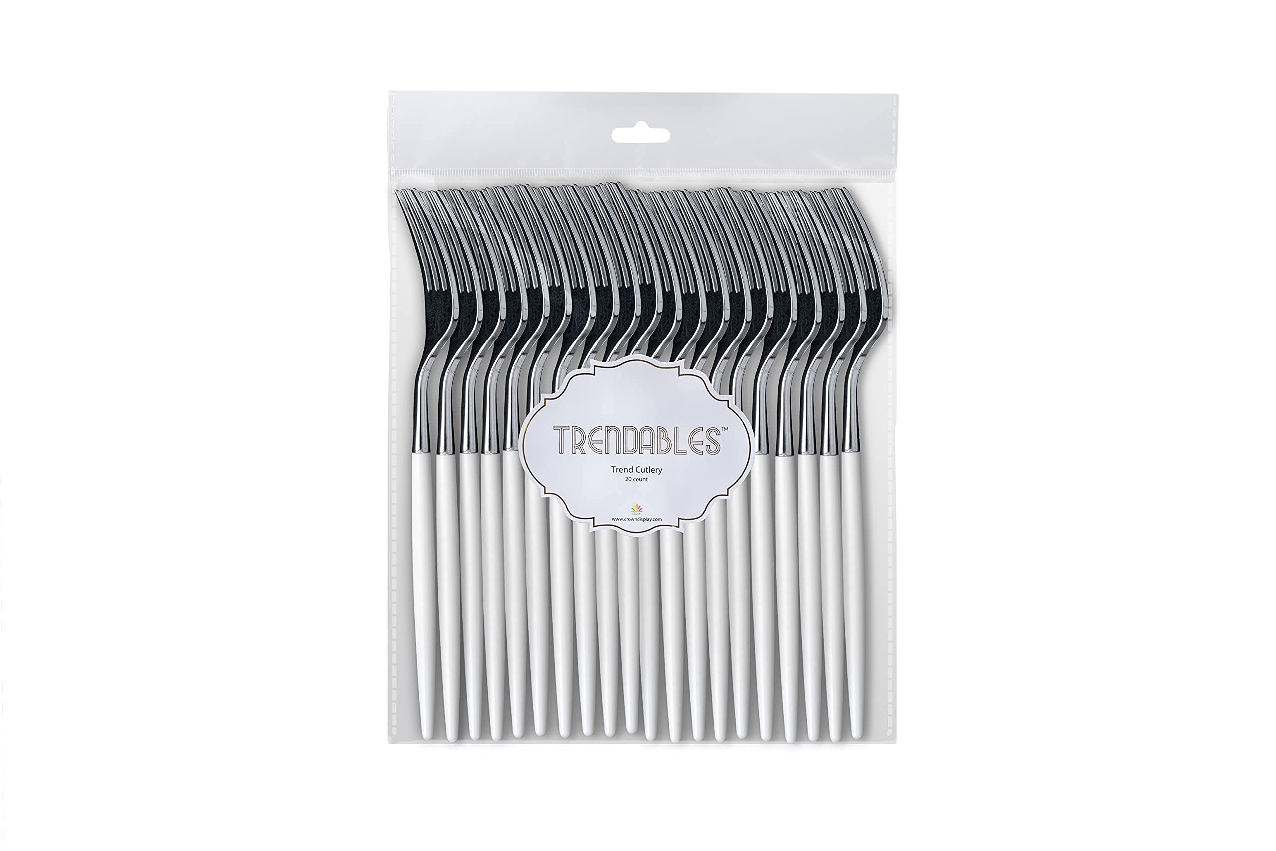 Trendables 120 Pack Heavy Duty Disposable Plastic Forks - Elegant Dual-Tone White & Silver Plastic Utensils for Weddings, Parties, Catering & Events - Perfect for Outdoor Dining, Picnics & Office Lunches