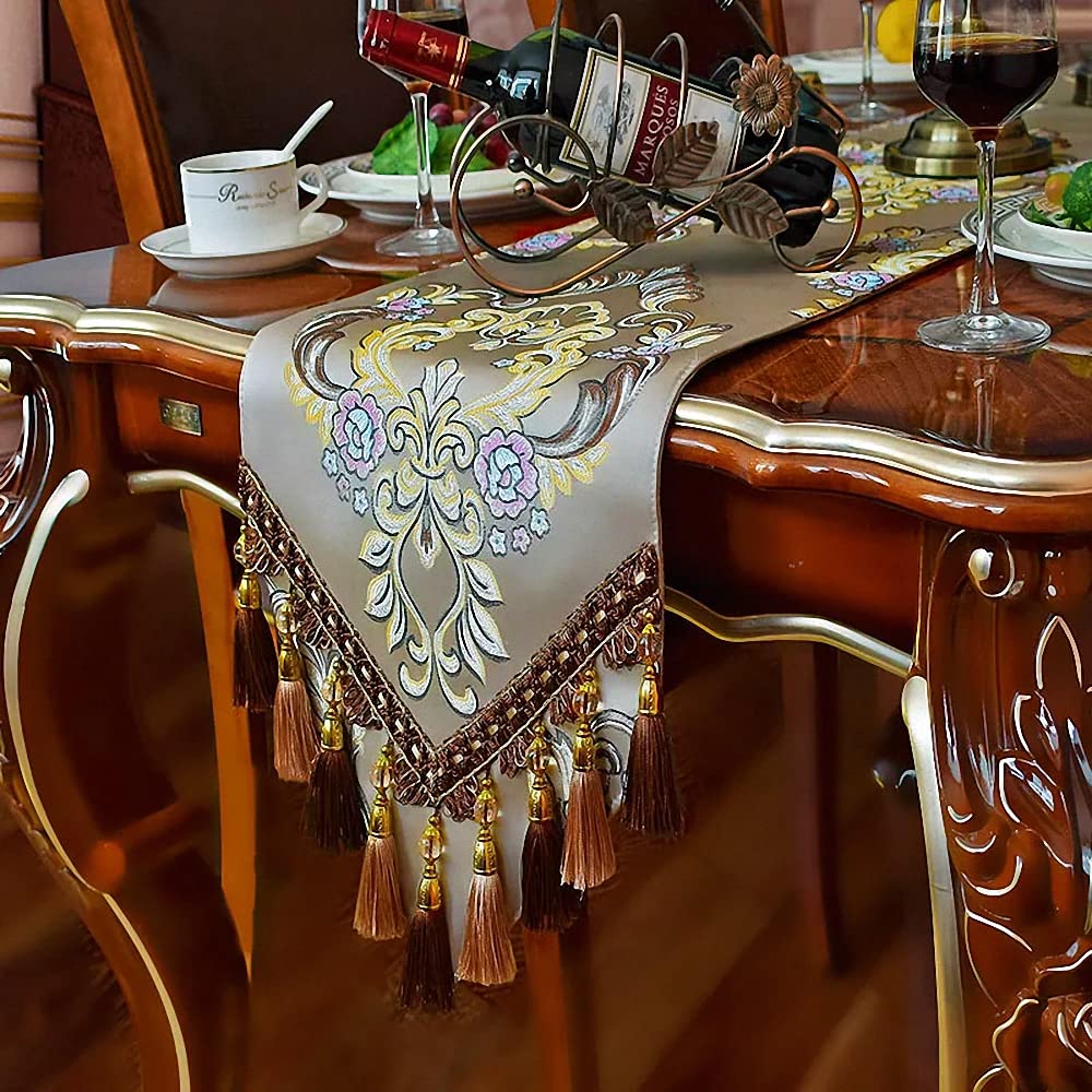 Luxury Damask Table Runner 12x87 Inch - Elegant Jacquard Dining Table Cloth with Handmade Multi-Tassels for Wedding, Banquet, Party & Home Decor - Perfect for Dining Room, Dresser, Buffet Table & Special Occasions