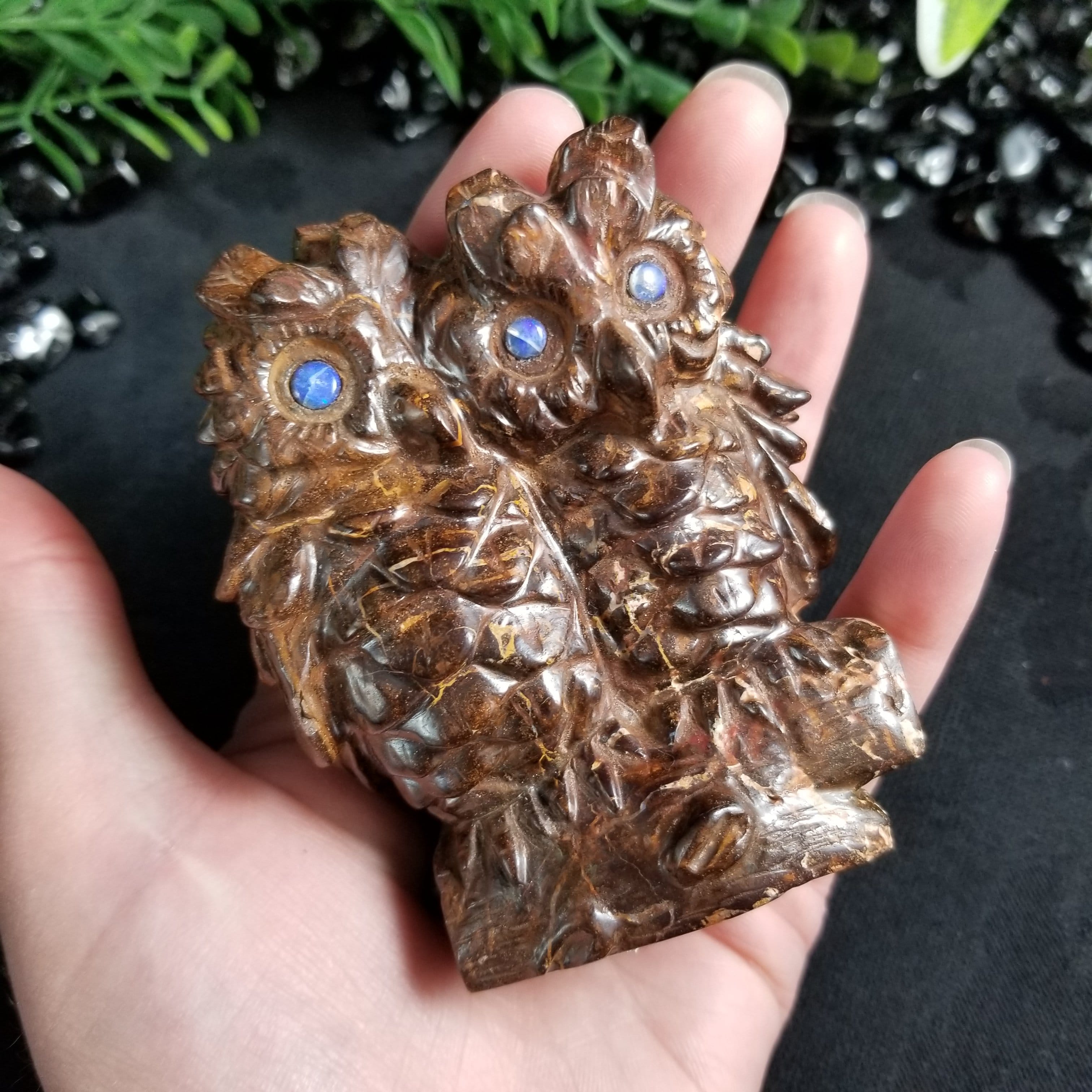 Natural Boulder Opal Owl Carvings (270g) - Handcrafted Gemstone Collectibles for Home Decor, Meditation & Spiritual Gifts