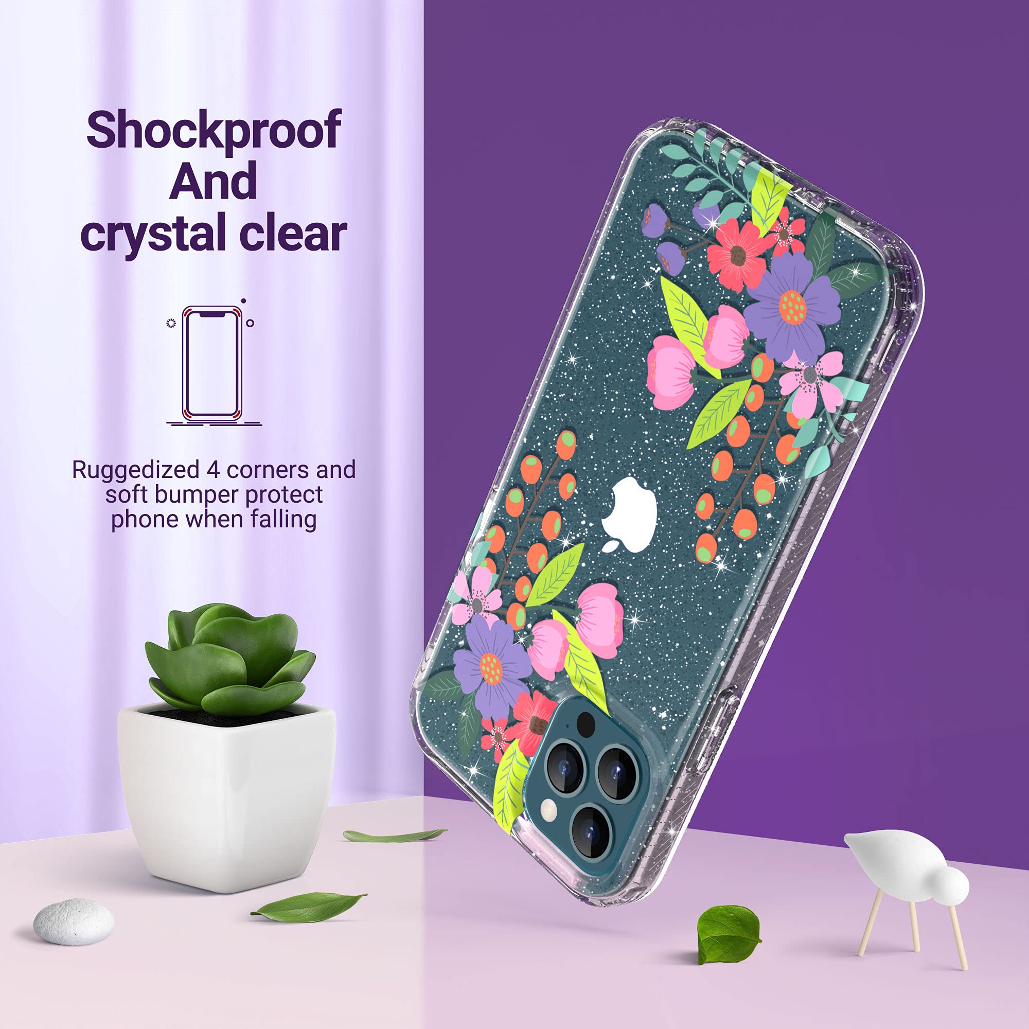 ULAK Glitter Flower iPhone 12 Pro Max Case 6.7 Inch - Sparkly Soft TPU Bumper Protective Cover for Women & Girls | Perfect for Everyday Use, Parties & Gift Giving
