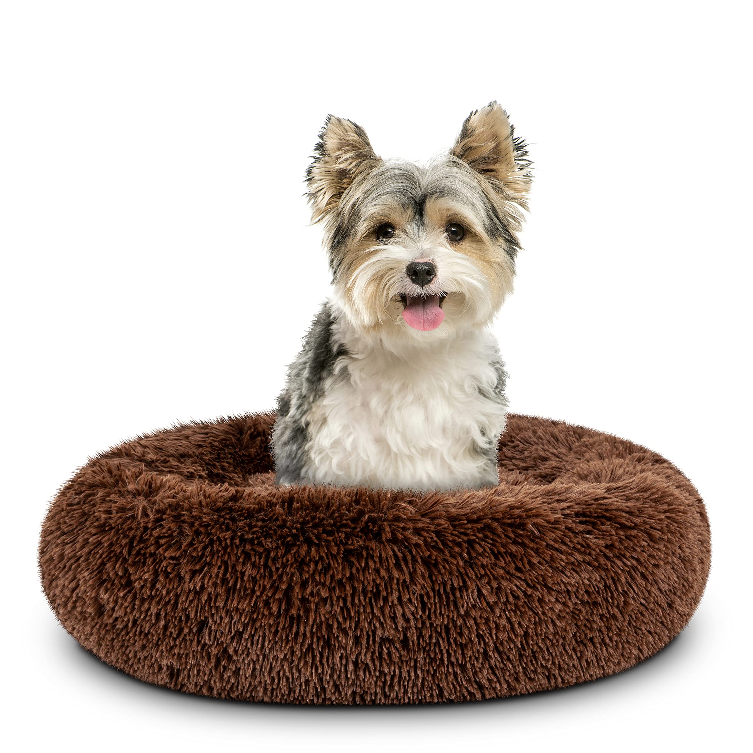 Premium Donut Dog Bed for Small Dogs - Soft Plush Calming Nest with Removable Chocolate Brown Cover - Perfect for Anxiety Relief & Cozy Napping in Crates or Living Rooms