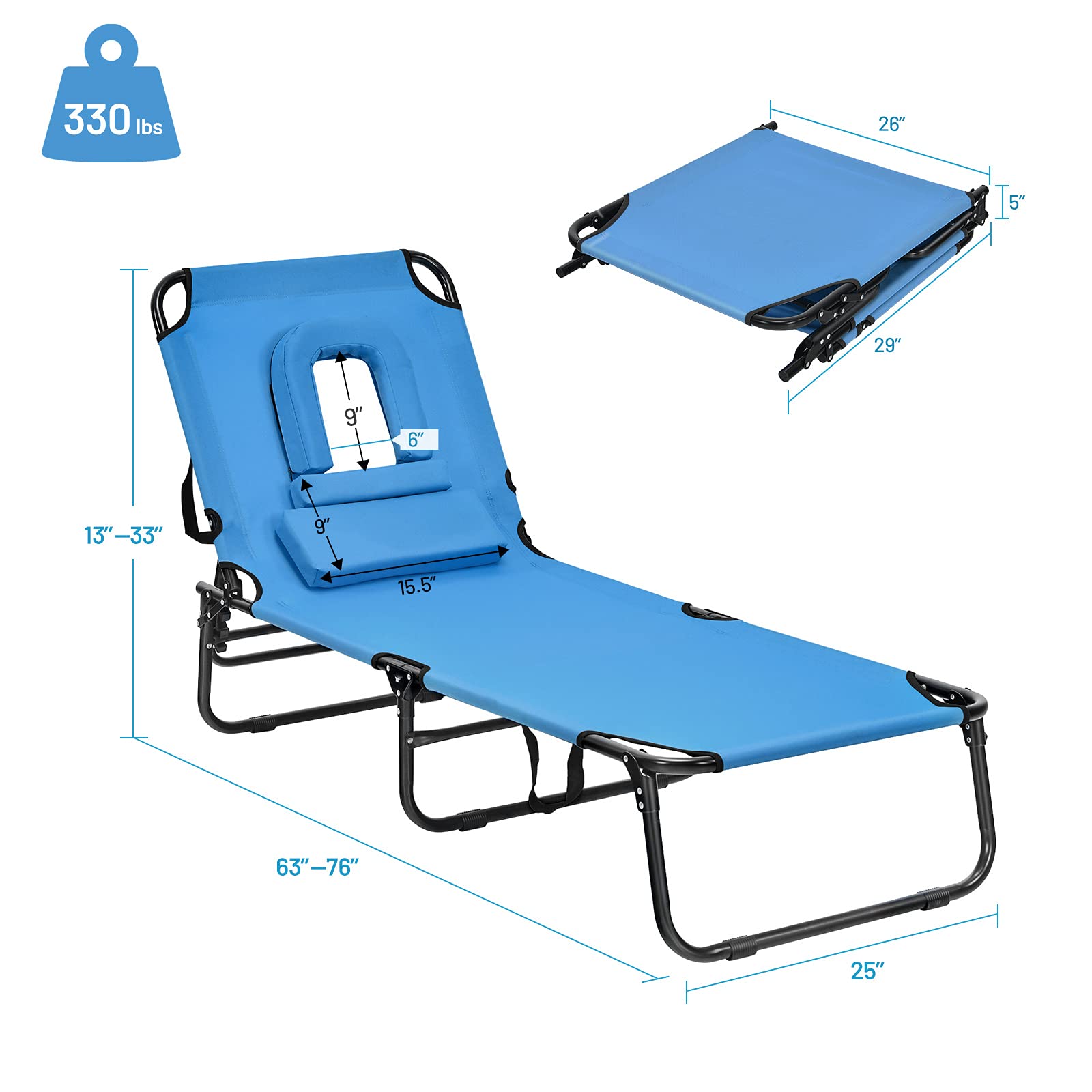 Giantex Outdoor Chaise Lounge Chair - Foldable Beach Chair with 5 Adjustable Positions, Breathable Hole Design, Detachable Pillow & Hand Ropes for Comfort | Perfect for Sunbathing, Poolside Relaxation, Backyard, Patio & Garden Use