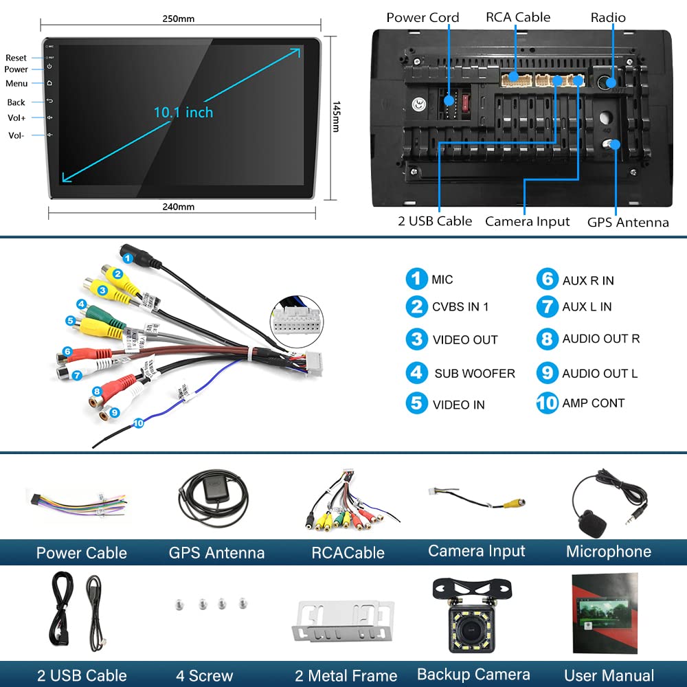 Hikity 10.1 Inch Android 13 Double Din Car Stereo with Wireless CarPlay - 2GB RAM 32GB ROM, GPS, Bluetooth, WiFi, FM, Mirror Link, SWC, Backup Camera & Microphone - Perfect for Seamless Navigation, Hands-Free Calling & Entertainment in Your Vehicle