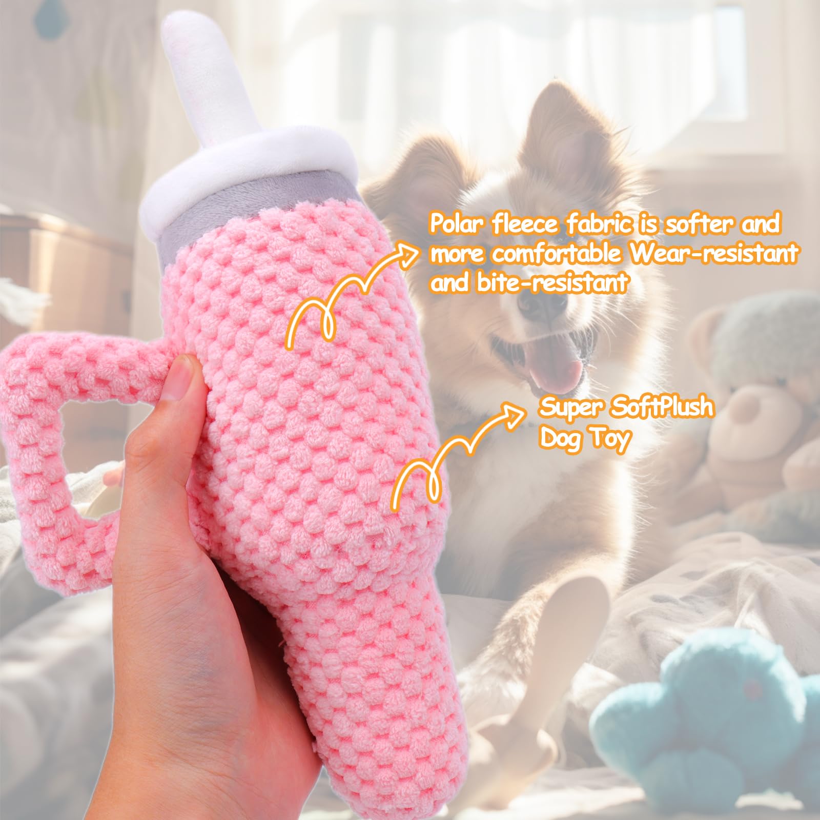 Palksky Cute Pink Tumbler with Handle - Interactive Dog Chew Toy for Aggressive Chewers, Durable Plush No Mess Chew & Play Toy, Perfect for Stanley Cup Fans - Fun Gift for Girl Dogs & Puppies (Great for Indoor Play, Outdoor Adventures & Travel)