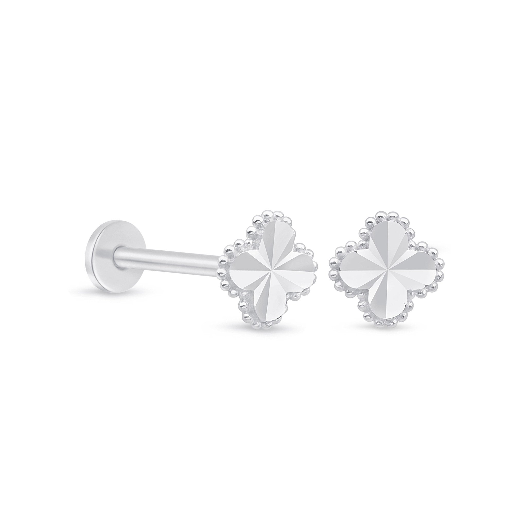 14K White Gold Diamond Cut Clover Stud Earrings - Flat Back for Secure Fit, Perfect for Everyday Wear & Special Occasions