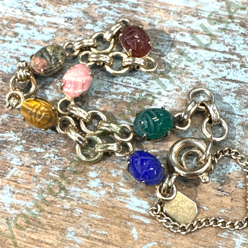 Vintage Karen Lynne 12k Gold Filled Gemstone Scarab Bracelet - Authentic Egyptian Revival Jewelry for Women, Perfect for Boho Fashion & Special Occasions