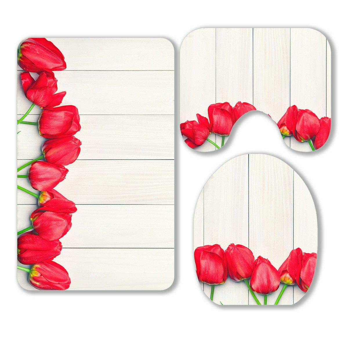 ECZJNT 3-Piece Red Tulips Bathroom Rug Set - Non-Slip Contour Mat & Toilet Lid Cover | Easter Floral Decor for Bathroom, Vanity & Powder Room