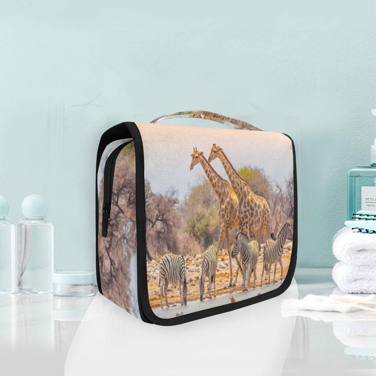 Linomo Hanging Travel Toiletry Bag for Women & Men - Large Waterproof Cosmetic Makeup Organizer with Hook - African Giraffe Zebra Print Design - Perfect for Vacation, Camping & Gym Essentials