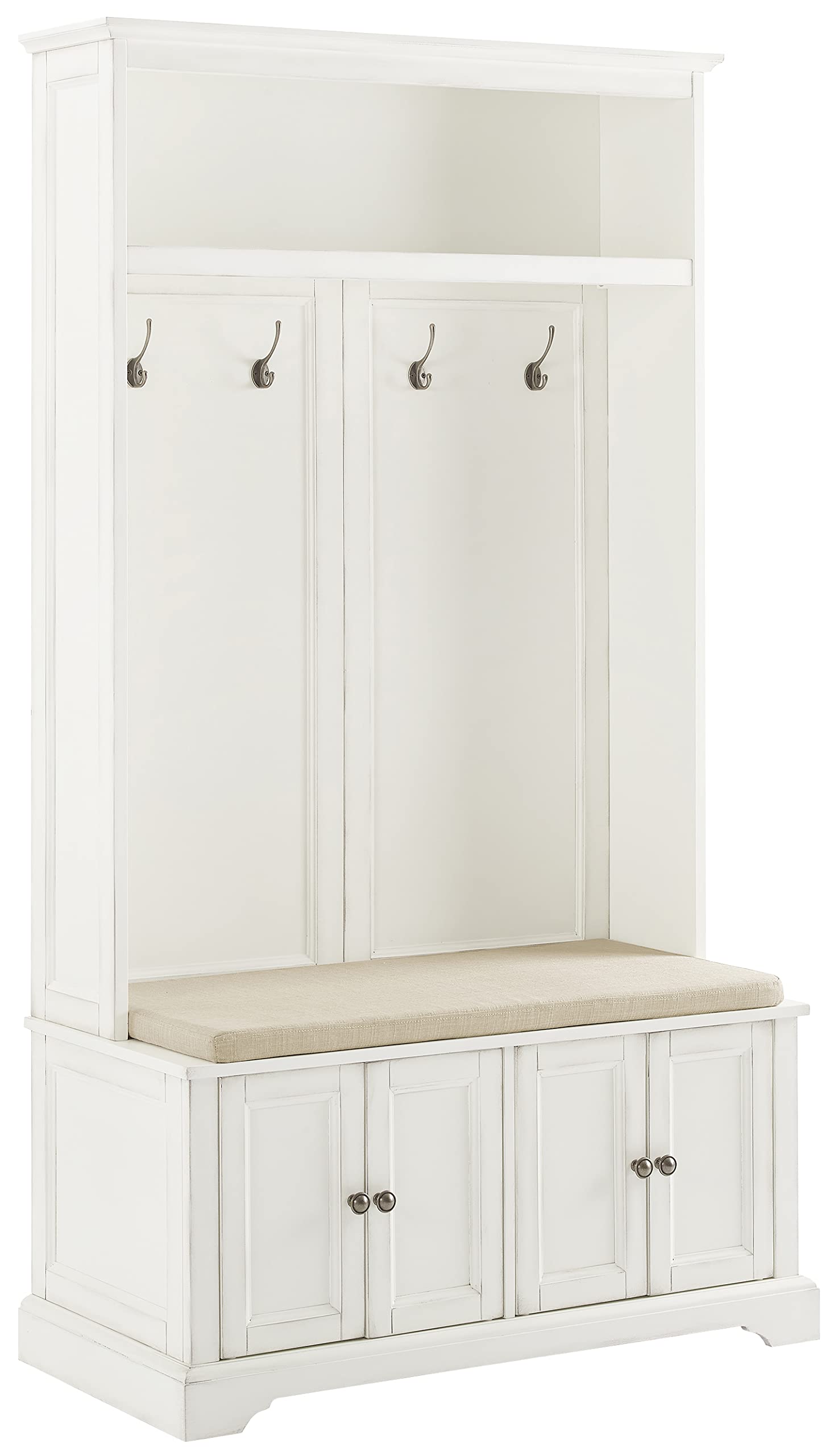 Crosley Furniture Holbrook Hall Tree with Shoe Rack, Storage Bench & Coat Hooks - Distressed White Entryway Organizer for Coats, Shoes & Accessories | Perfect for Mudrooms, Foyers & Small Spaces