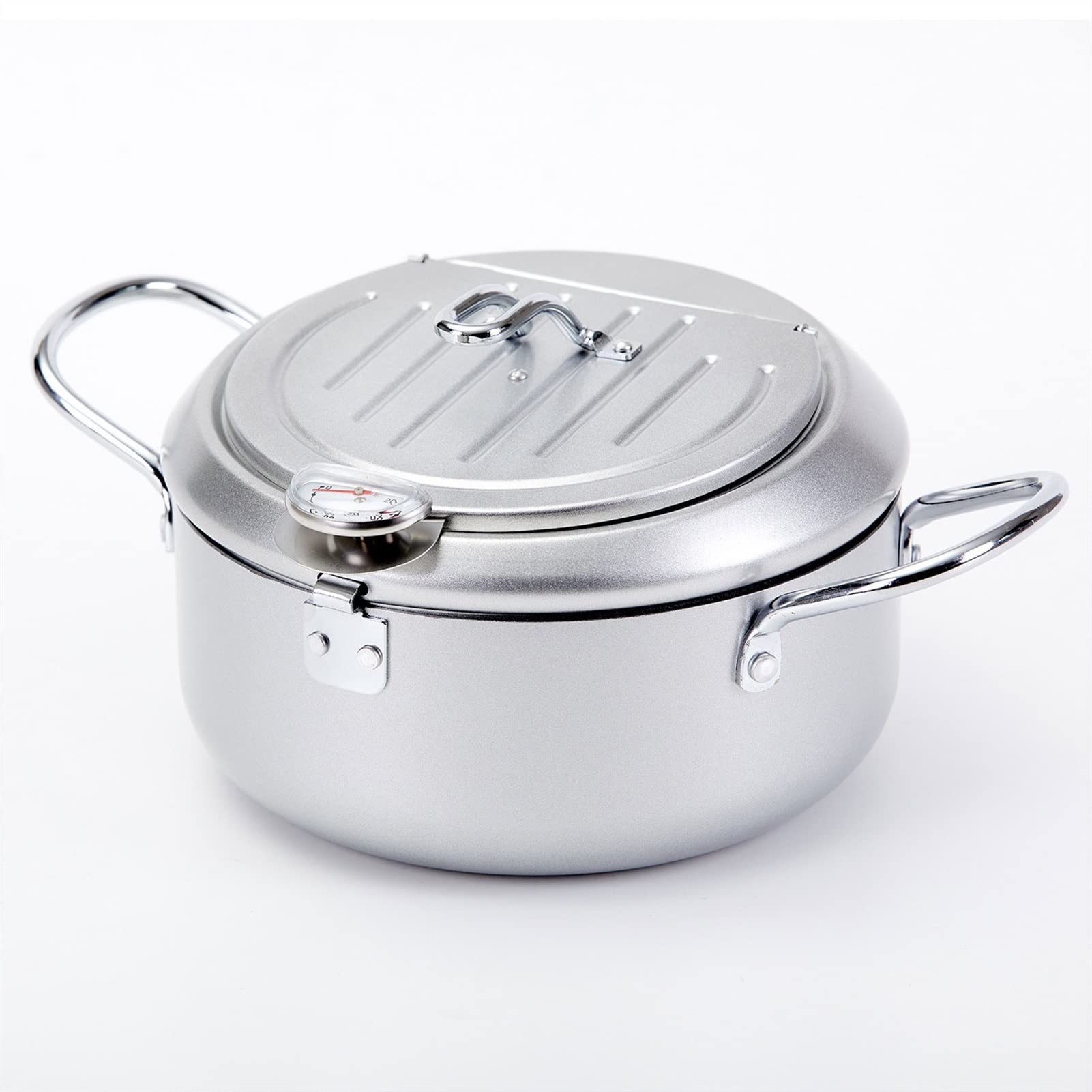 Premium Tempura Deep Fryer with Adjustable Thermometer, Lid & Cooling Rack - 24cm Silver Commercial Fish Fryer Pan for Perfect Shrimp, Chicken & Squid | Ideal for Home Kitchens & Restaurant Deep Frying