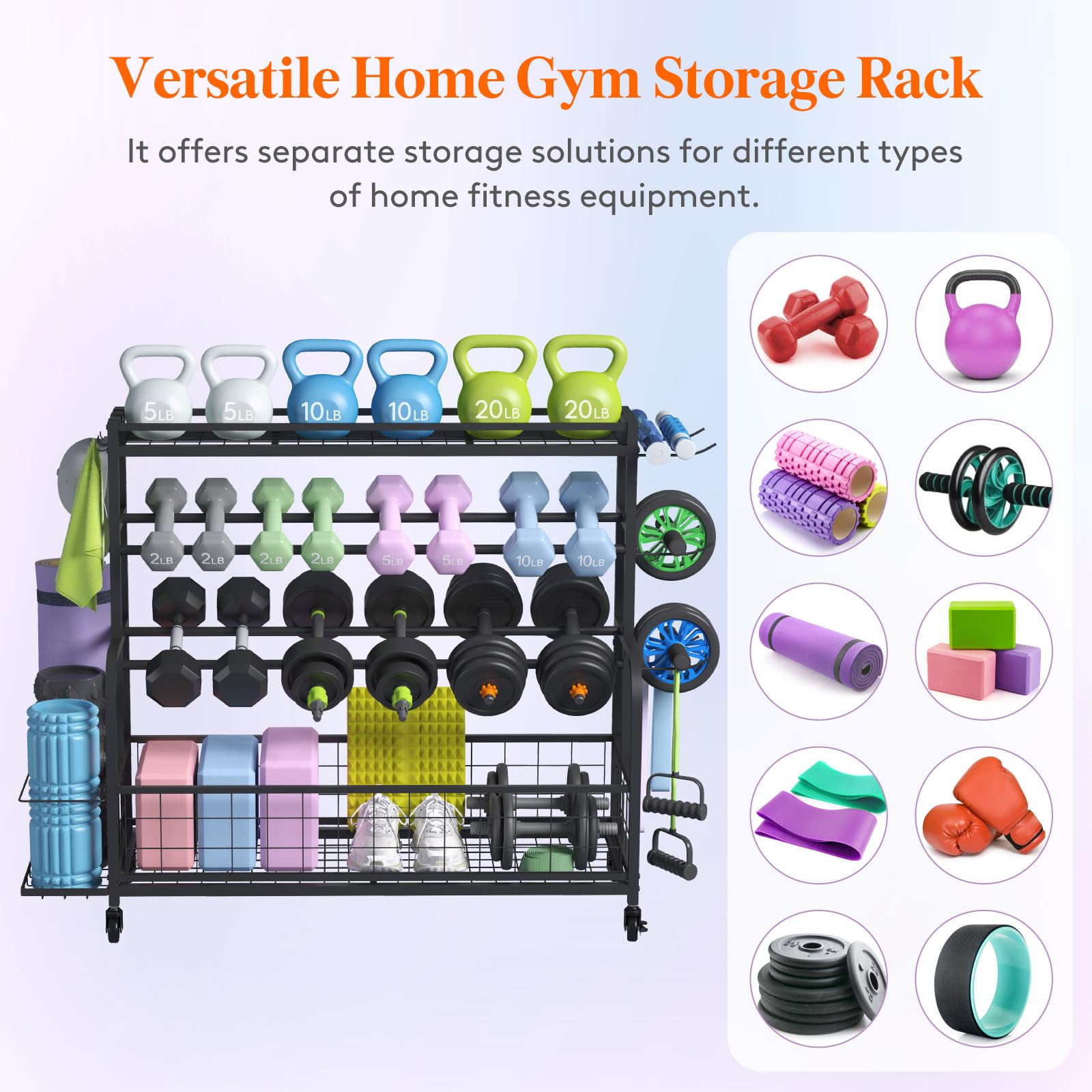 Lifewit Heavy Duty Adjustable Weight Rack for Home Gym - Dumbbell & Kettlebell Storage Organizer with Wheels, Yoga Mat Holder - Perfect for Strength Training, CrossFit, and Home Workout Space Organization
