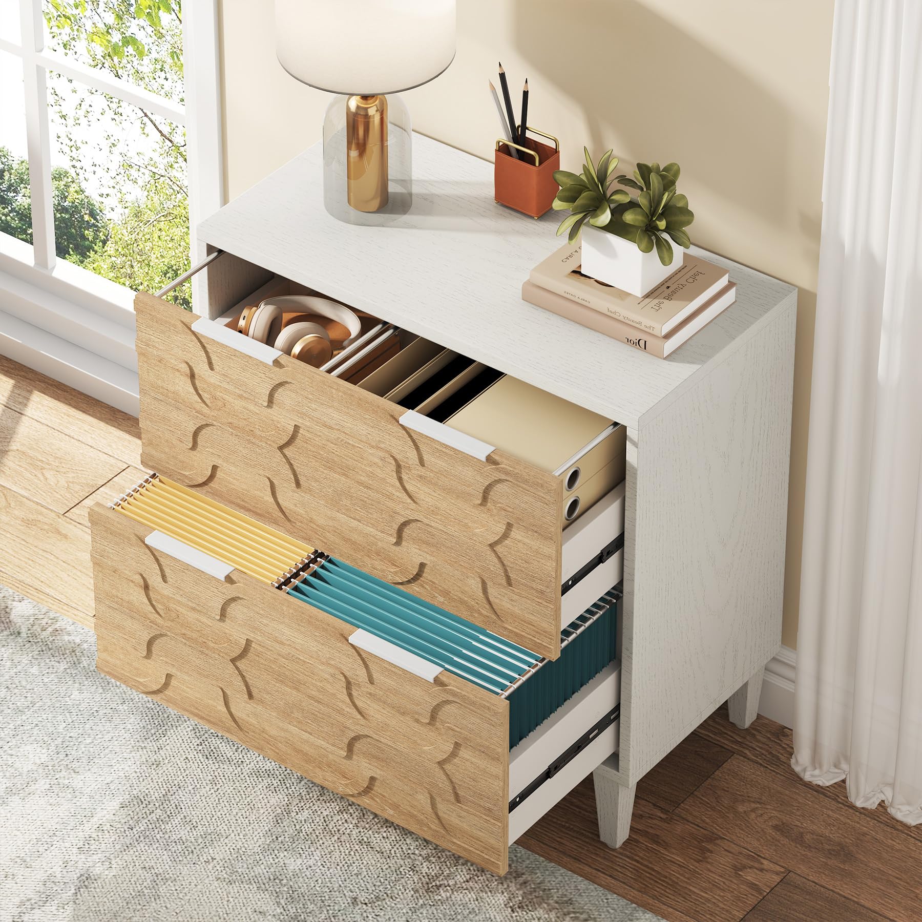 Tribesigns 2-Drawer Lateral File Cabinet for A4/Letter/Legal Size Documents - Office Storage Cabinet & Printer Stand with Storage Drawer - White & Walnut Finish for Home Office Organization