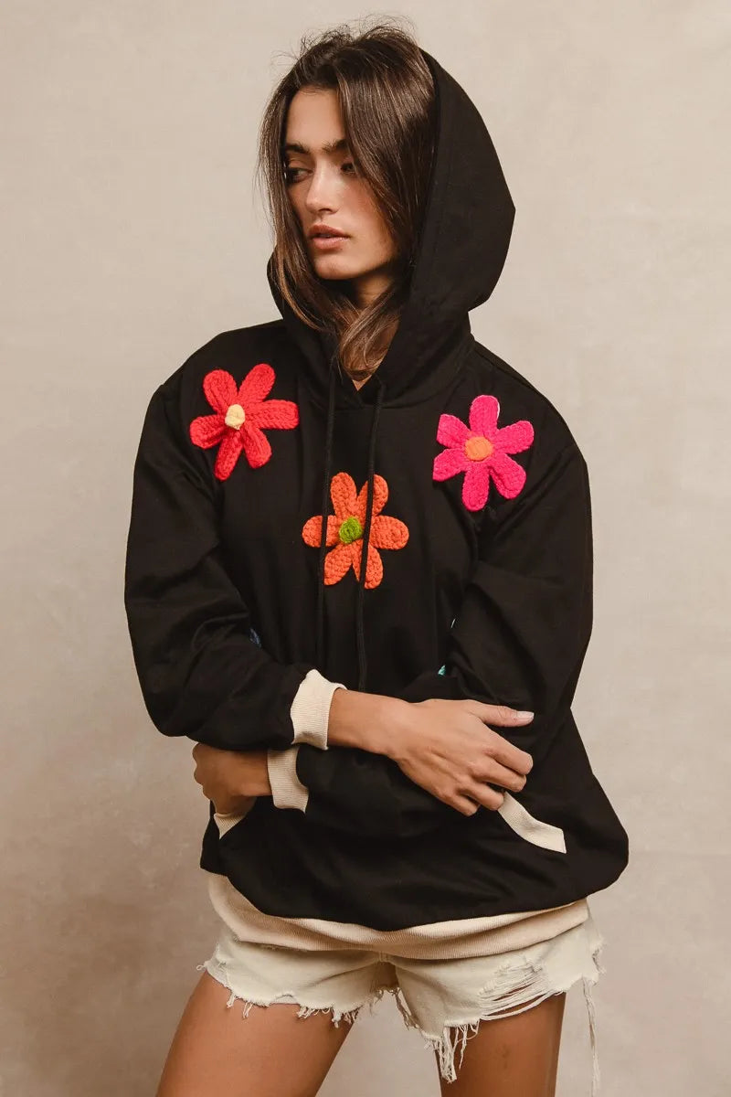 BiBi Patched Hoodie Top for Women - Trendy Streetwear Pullover with Unique Embroidery | Perfect for Casual Outfits, Layering & Fall Fashion