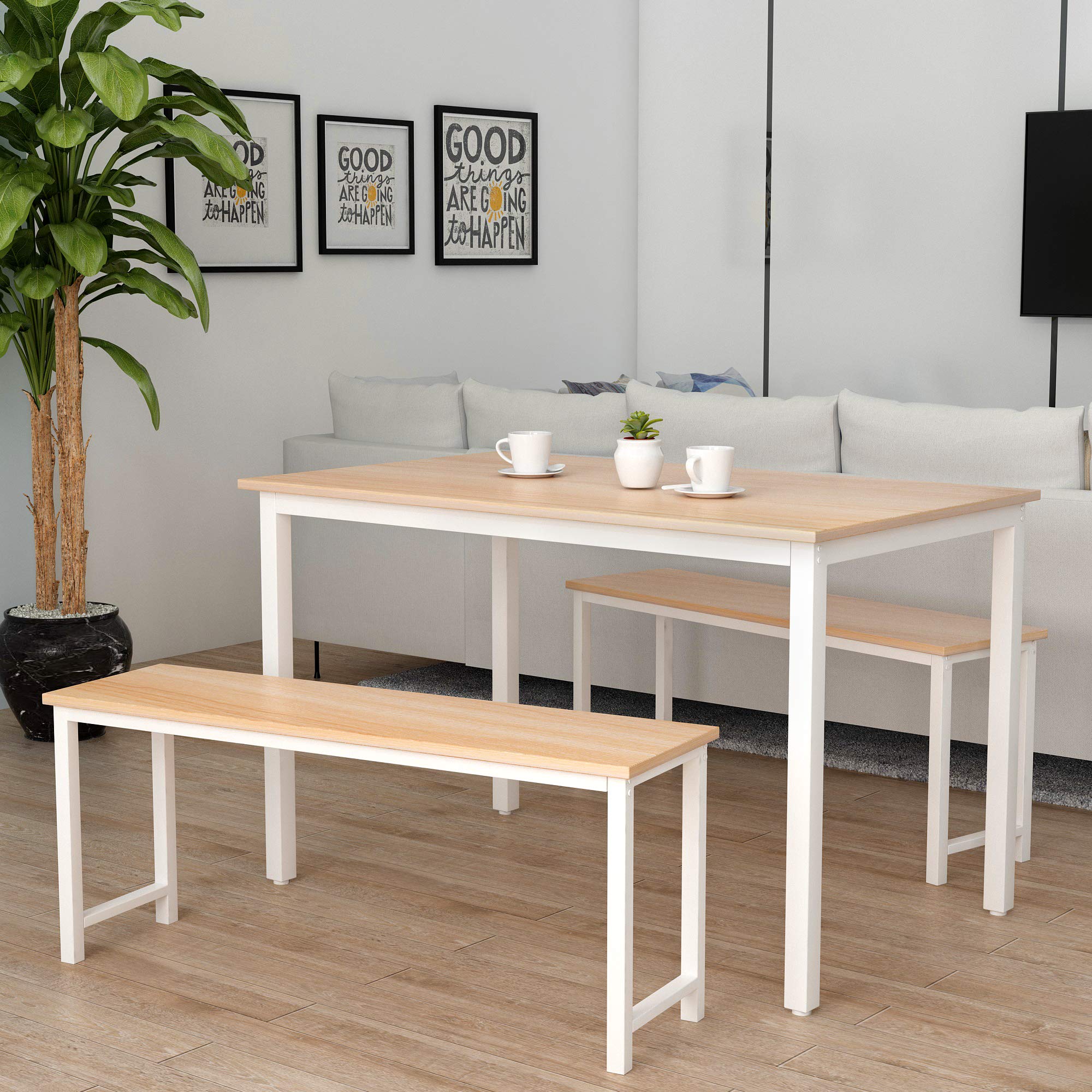 FLYZC 3-Piece White Dining Table Set with Bench - Modern Kitchen & Dining Room Furniture for Breakfast Nook, Small Space, Apartment | Perfect for Family Meals, Entertaining Guests & Daily Use