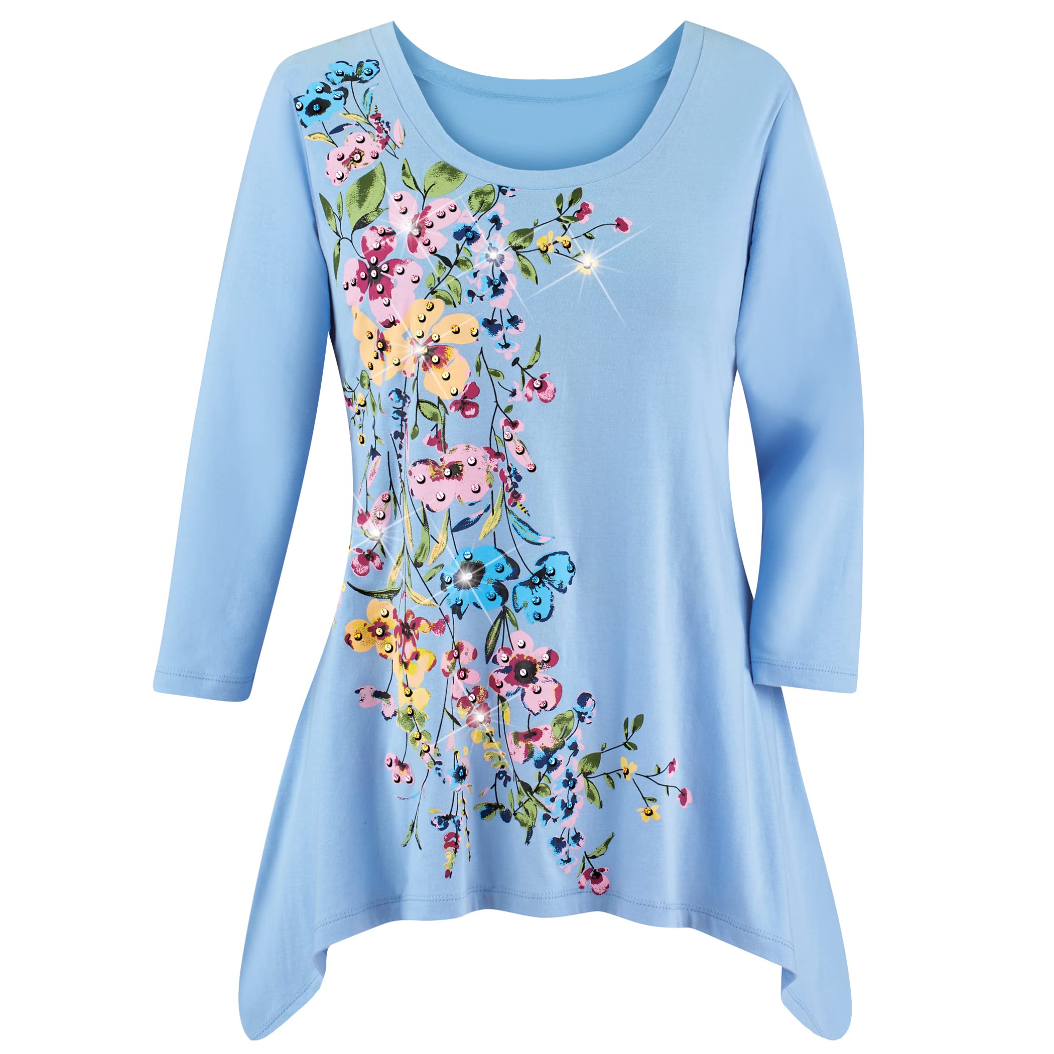 Collections Etc Women's Watercolor Floral Print Long Sleeve Cotton Sharkbite Tunic Top - Perfect for Casual Wear, Office Outfits & Spring Fashion