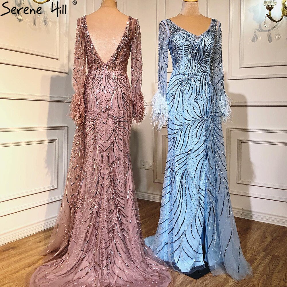 Elegant Dubai Blue Mermaid Evening Gown with Feather & Pearl Details - Long Sleeve V-Neck Luxury Dress for Women | Perfect for Parties, Galas & Special Occasions 2025 LA70533