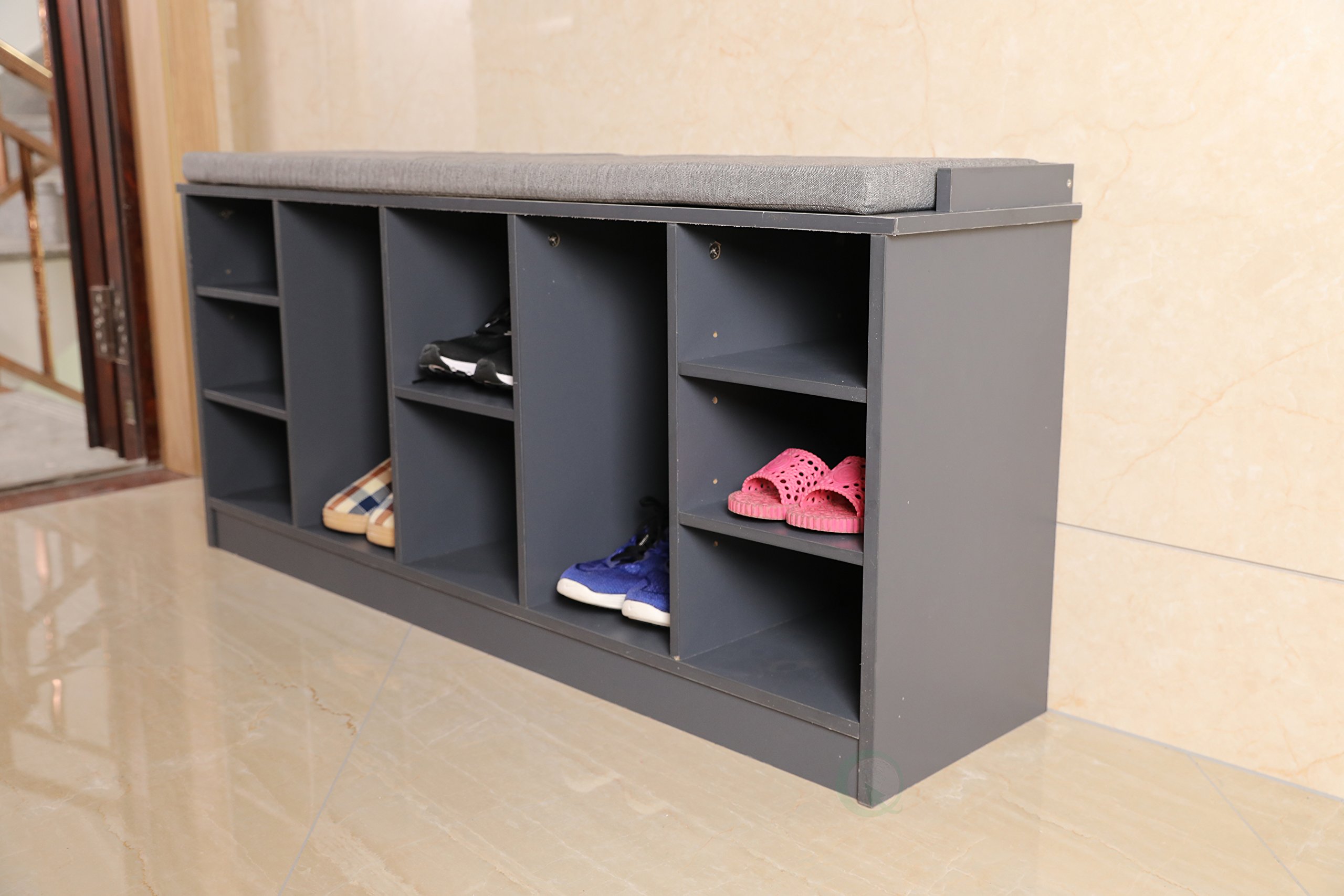 Basicwise QI003280LNEW Wooden Shoe Storage Bench with Soft Cushion - Entryway Organizer & Seating Solution, Grey - Perfect for Hallway, Mudroom & Small Space Organization