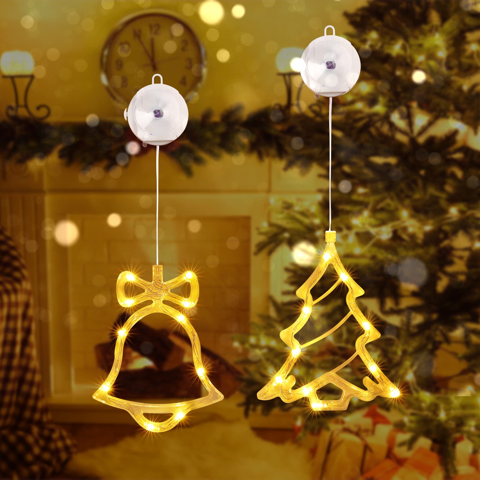 Lyhope Christmas Window Lights - Battery Operated Hanging Decorations with Timer & Suction Cups - Perfect for Indoor Holiday Decor, Wedding Backdrops, and Xmas Glass Decorations (1 Bell + 1 Tree Design) - Create Festive Atmosphere for Home, Office, and Holiday Parties