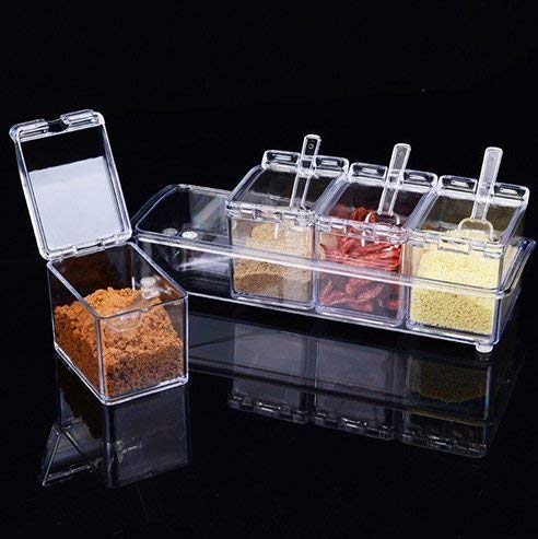 WII Masala Dani Plastic Transparent Spice Box Rack - 4 Containers with 4 Spoons Set for Sugar, Salt & Spices | Perfect for Home Kitchen, Restaurant & Hotel Storage | Ideal for Cooking, Baking & Meal Prep Organization