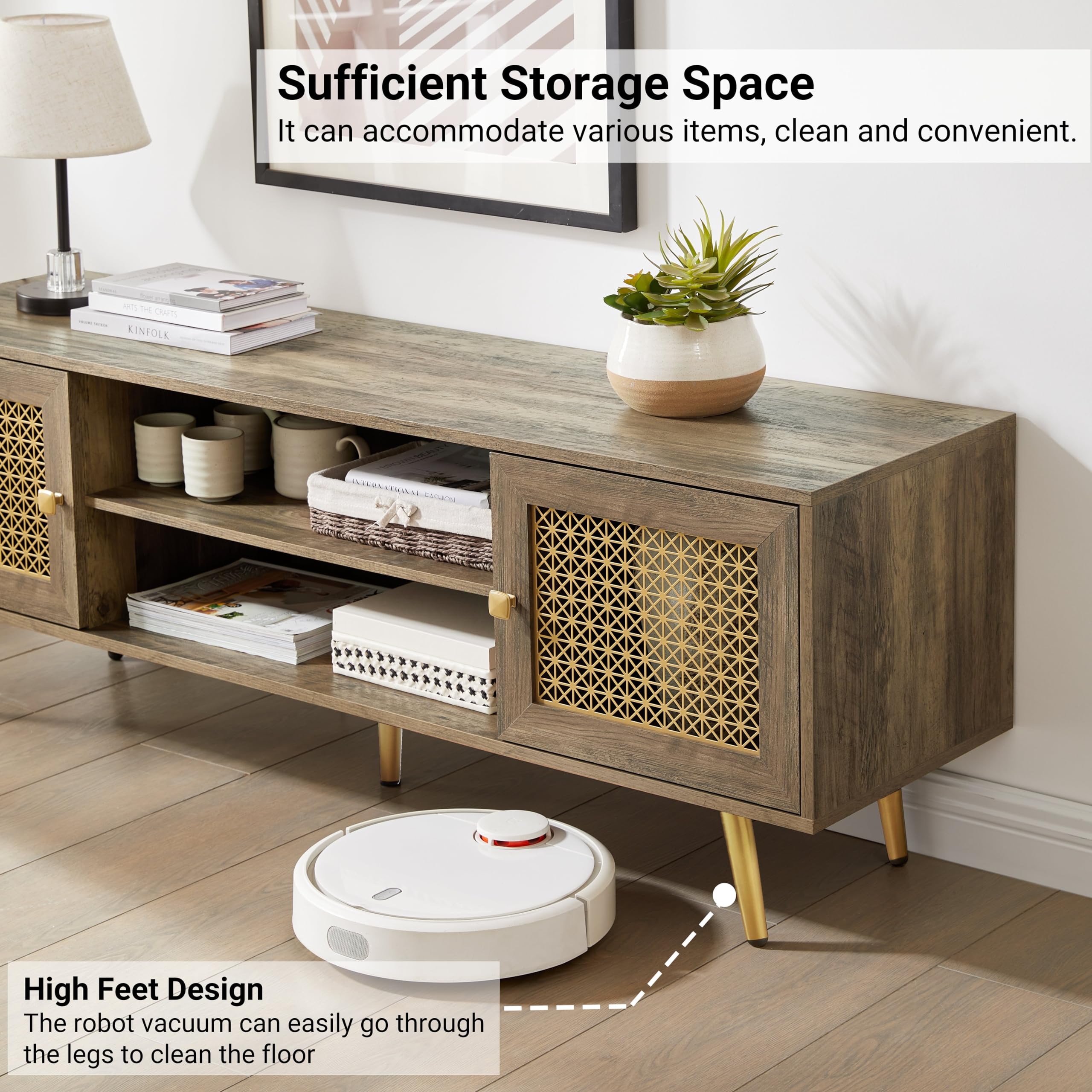 Mid Century Modern TV Stand with Metal Mesh Doors & Open Shelf for 65