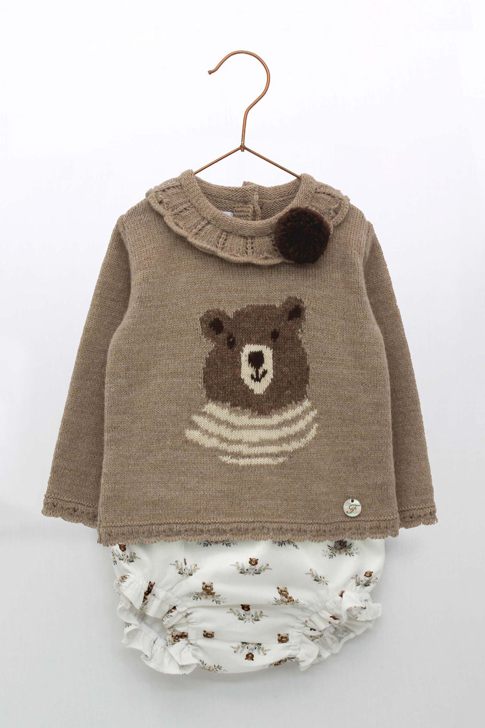 Daphne Beige Bear Print Top & Bloomers Set - Cute Baby Girl Outfit for Photoshoot, Birthday Party & Casual Wear