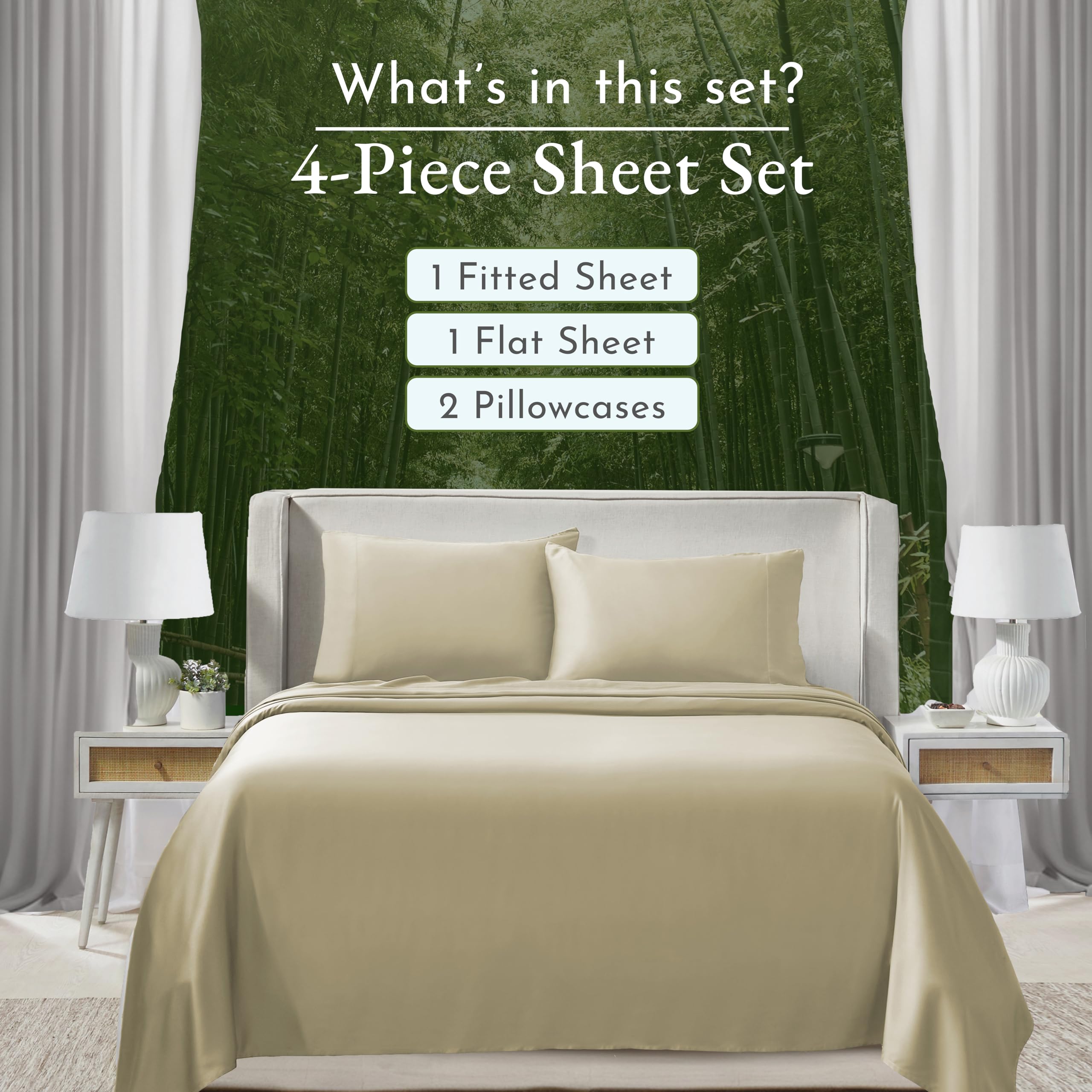 California Design Den Premium Rayon from Bamboo King Size Sheets Set - Cooling, Breathable & Luxurious 100% Bamboo Rayon Bed Sheets with Deep Pocket Fitted Sheet - Beige - Perfect for Hot Sleepers & Eco-Friendly Bedroom Decor