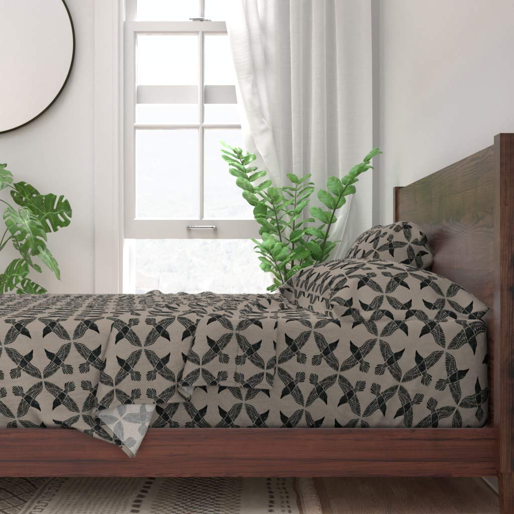 100% Cotton King Size 4-Piece Sheet Set - Scandinavian Gothic Bird Tile Print Bedding | Soft & Breathable Luxury Sheets for Master Bedroom, Guest Room, or Vacation Home