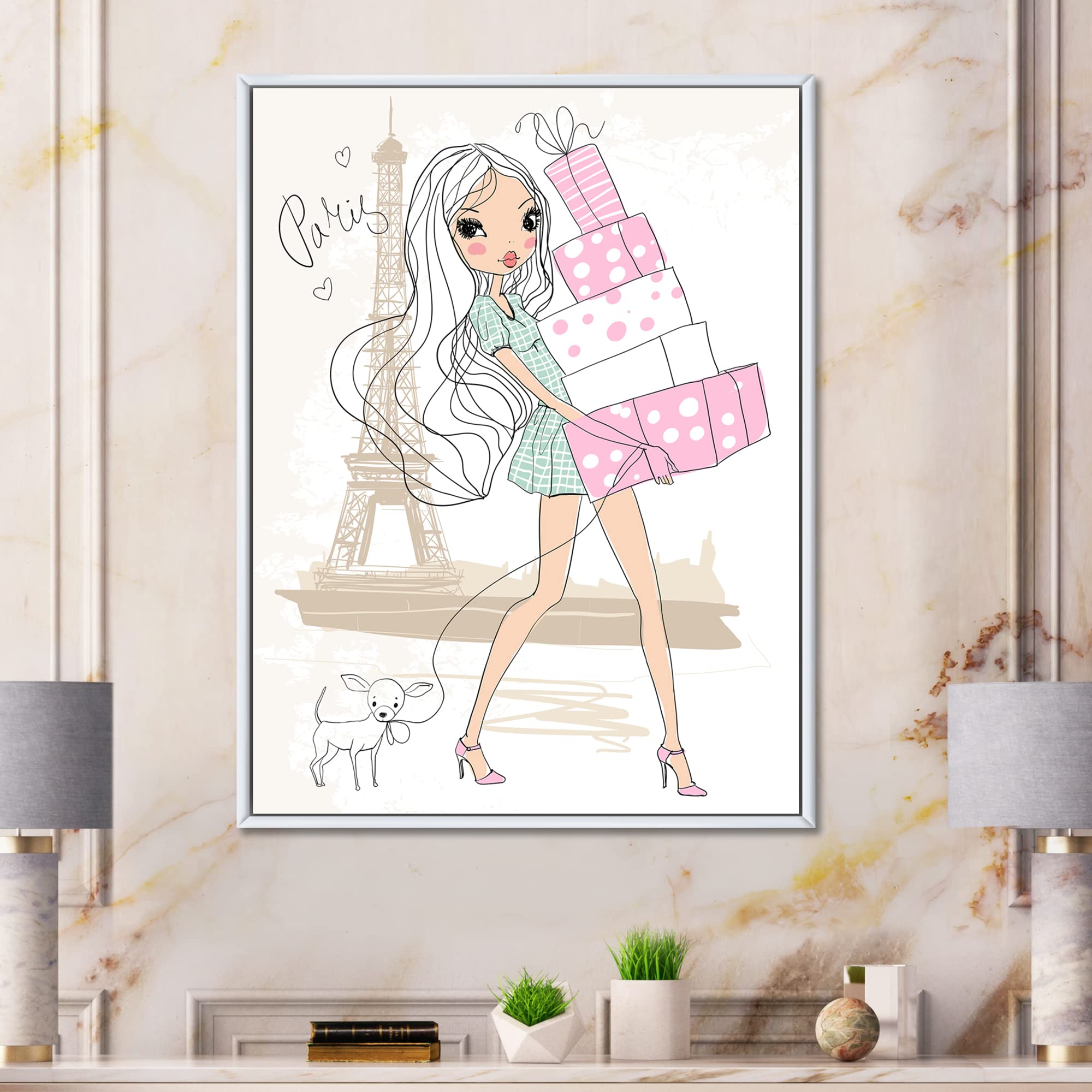 Shabby Chic Framed Canvas Wall Art Print - Young Girl with Shopping Boxes in Paris - Perfect for Girls' Bedroom, Nursery, or Boho Home Decor