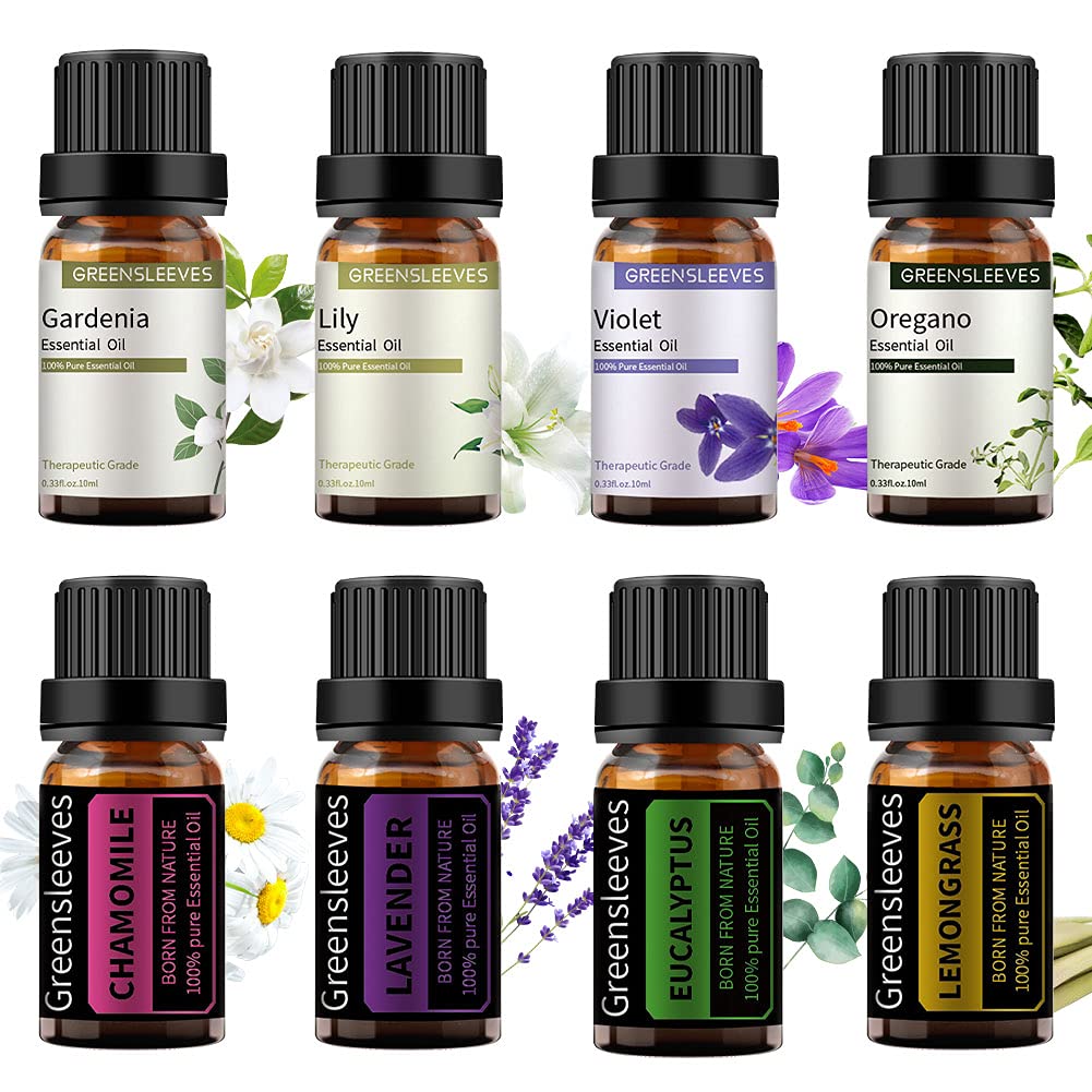 GREENSLEEVES 8-Piece Essential Oil Set - Oregano, Gardenia, Lily, Violet, Lavender, Chamomile, Eucalyptus & Lemongrass Oils for Aromatherapy, Diffuser, Massage & Relaxation