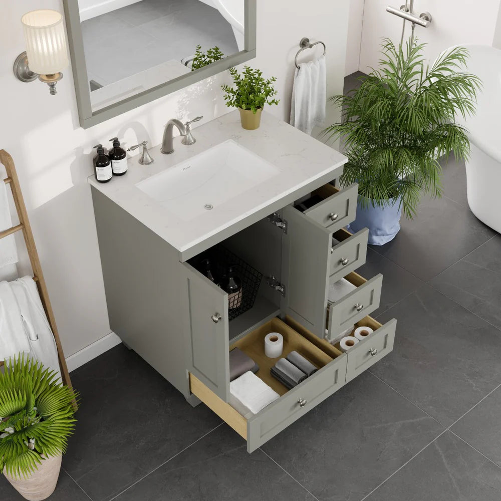 Eviva Acclaim 30 Inch Bathroom Vanity with Carrara Quartz Countertop - Modern White Bathroom Sink Cabinet for Small Spaces, Perfect for Powder Rooms and Guest Bathrooms