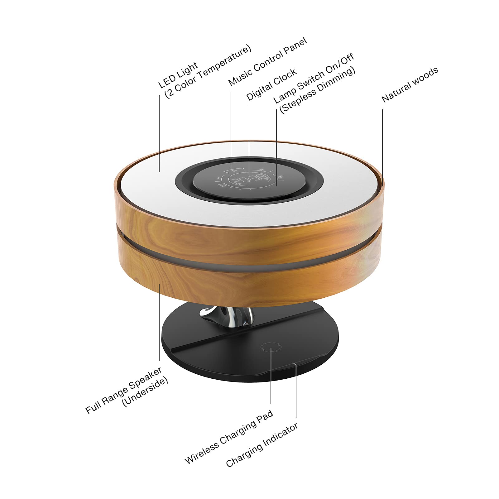 AMPULLA Masdio Horizon Bedside Lamp - 10W Wireless Charger & Bluetooth Speaker, Digital Clock Night Light with Stepless Dimming & Sleep Mode - Perfect for Bedroom Nightstand, Reading, Relaxation & Ambient Lighting