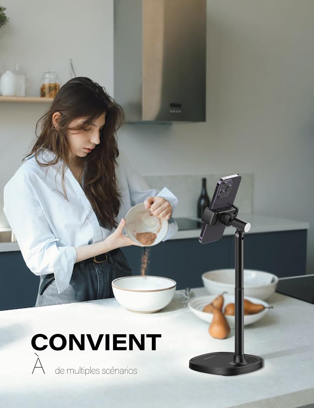 Adjustable Telescopic Phone Stand Holder for Desk - 360° Swivel & Multi-Angle Viewing - Compatible with iPhone & Android Smartphones - Perfect for Video Calls, Streaming, and Top-Down Photography