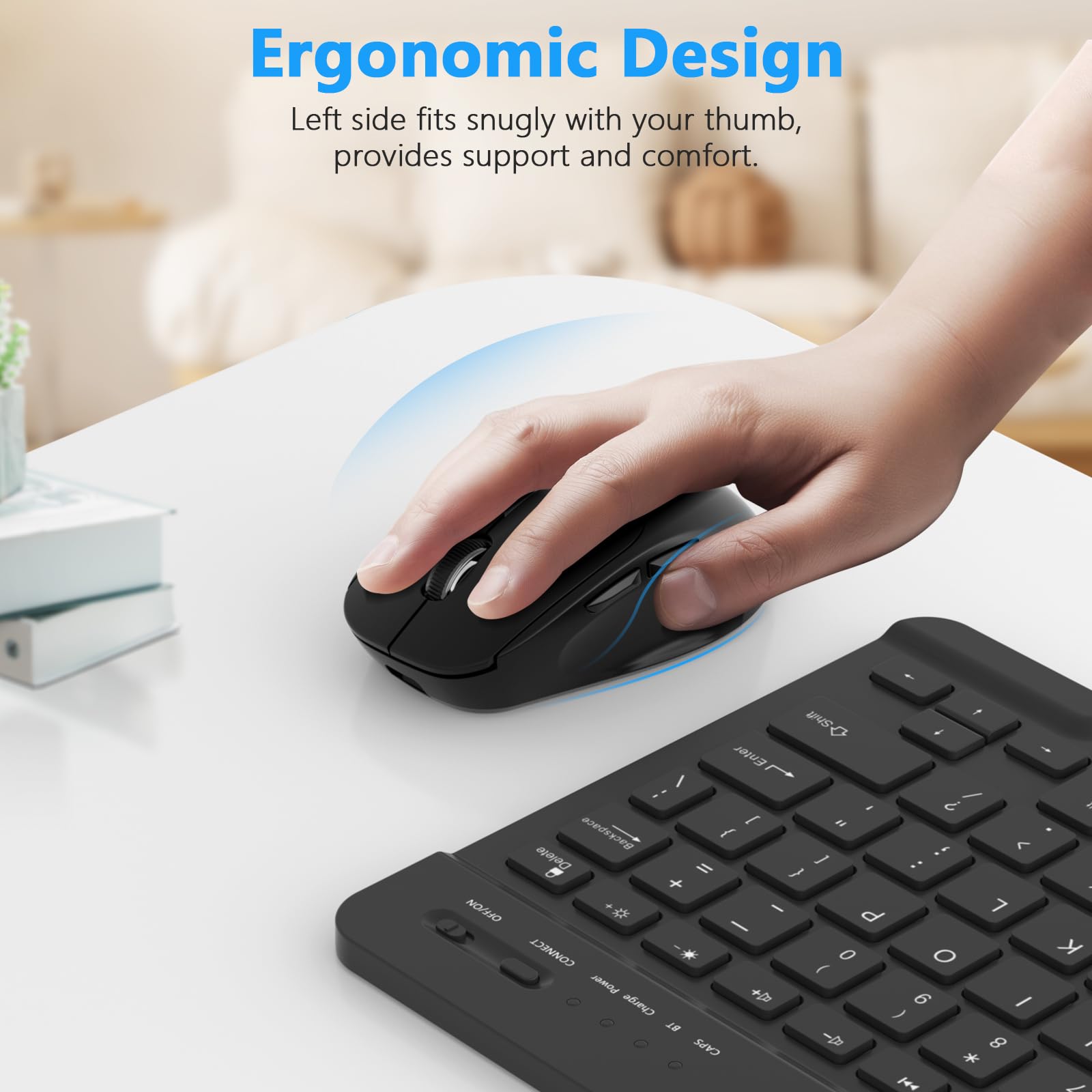 ZXA 2.4G Wireless Mouse for Laptop - Ergonomic Rechargeable Computer Mouse with USB Receiver & USB-C Adapter for PC, Tablet, Chromebook (Black) - Perfect for Office Work, Home Use & Travel