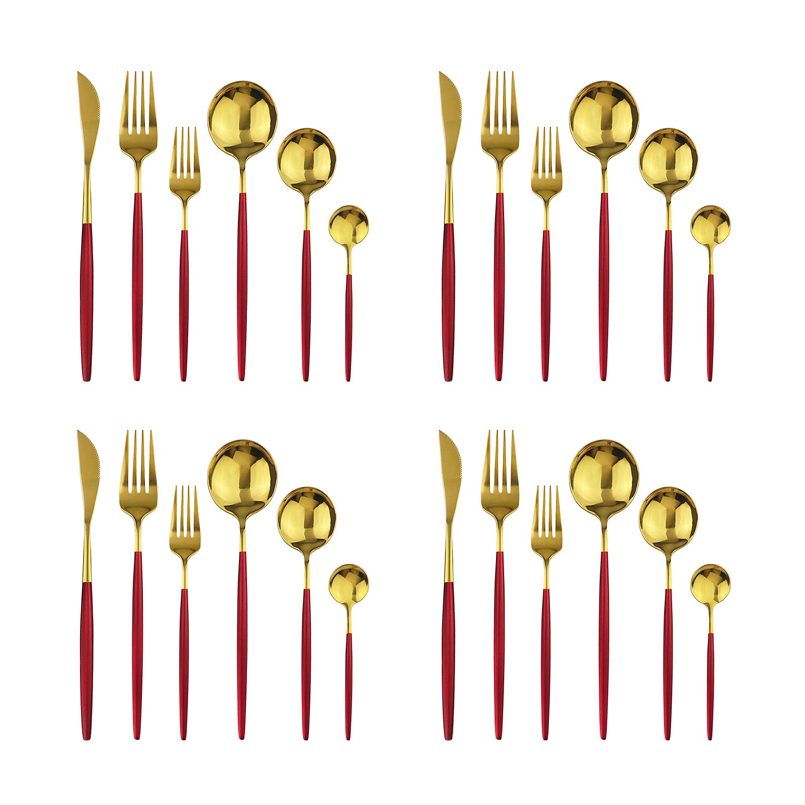 24-Piece Gold Mirror Silverware Flatware Set with Red Handle - 18/0 Stainless Steel Cutlery (Knife, Fork, Spoon, Teaspoon) - Service for 4 - Elegant Dinnerware for Holiday Entertaining, Wedding Gifts & Formal Dining