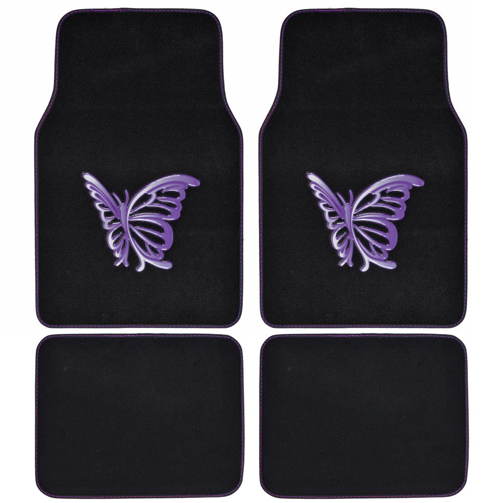 BDK Purple White Butterfly Car Floor Mats - 4 Piece Full Set for Cars, Trucks, SUVs & Vans | Non-Slip Rubber Backing | Universal Fit (MT-509-PP) | Perfect for Daily Commute, Road Trips & Protecting Vehicle Interior