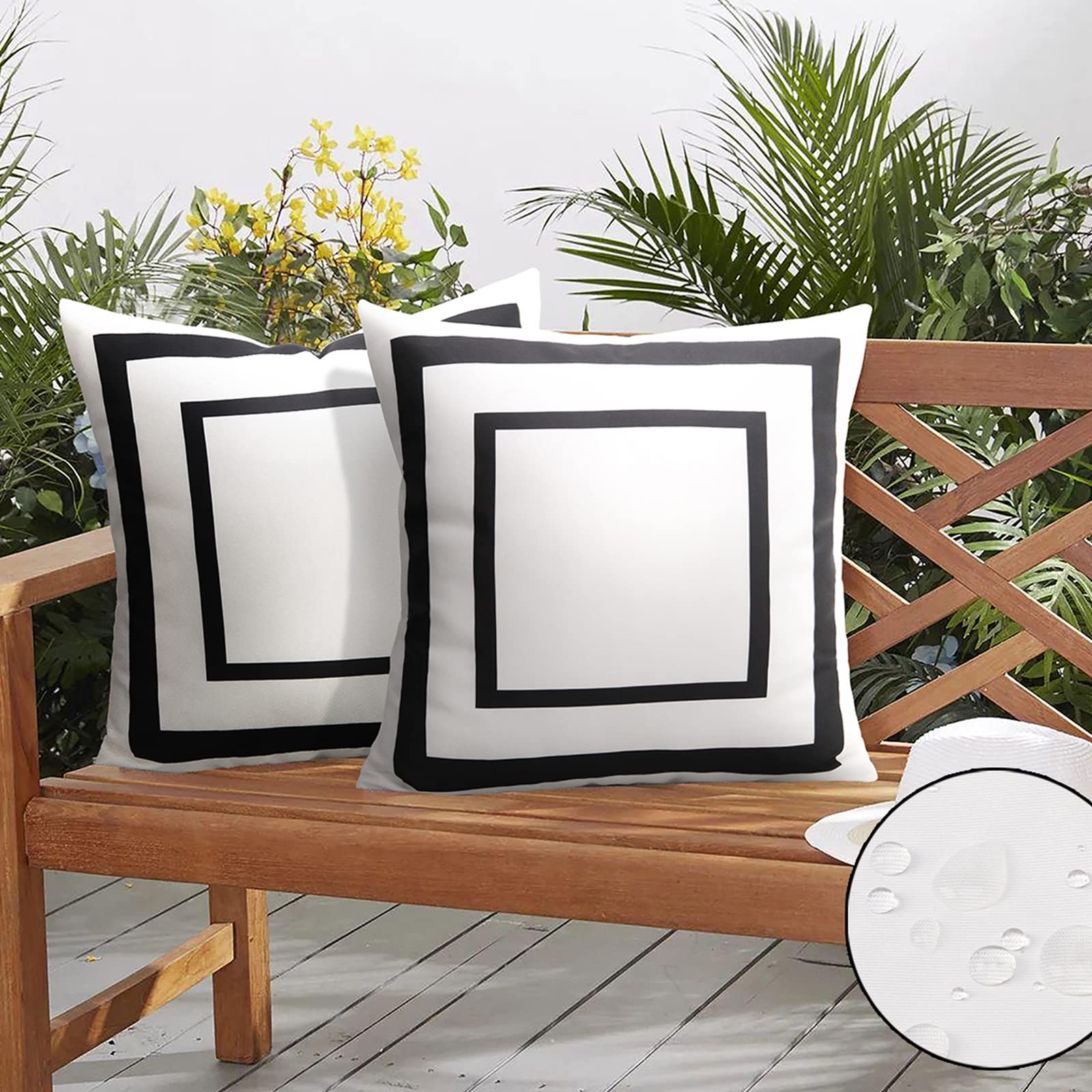 Waterproof Outdoor Throw Pillow Covers - Set of 2 Geometric Black & White 18x18 Inch Decorative Pillow Cases for Patio, Garden, Poolside & Porch Decor