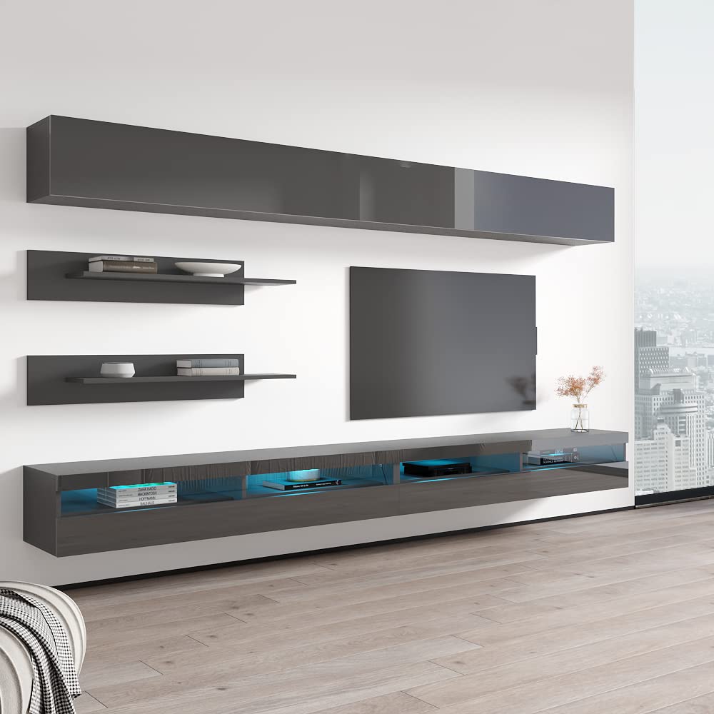 Modern Gray Wall-Mounted TV Stand with Storage Shelves & LED Lights - Floating Entertainment Center Console for Living Room & Bedroom - Perfect for Small Spaces, Apartments & Home Theater Setups