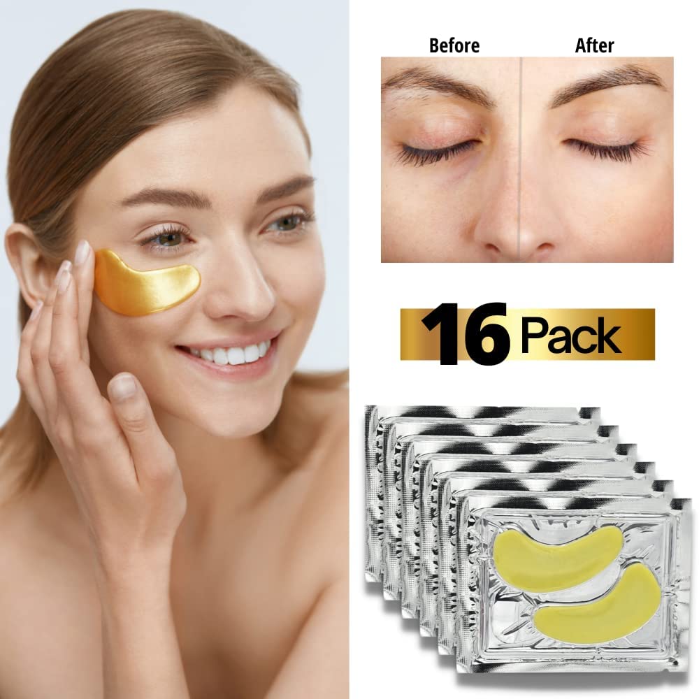 16 Pairs 24K Gold Hydrogel Under Eye Patches - Anti-Aging Eye Mask for Dark Circles, Puffiness & Wrinkles - Collagen Infused Eye Pads for Brightening & Hydration - Perfect for Night Routine & Travel Skincare